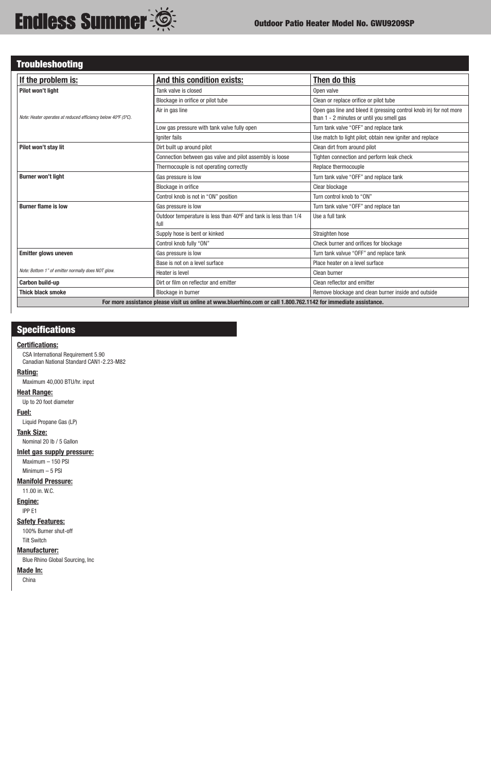Specifications, Troubleshooting | Blue Rhino Endless Summer GWU9209SP User Manual | Page 10 / 12