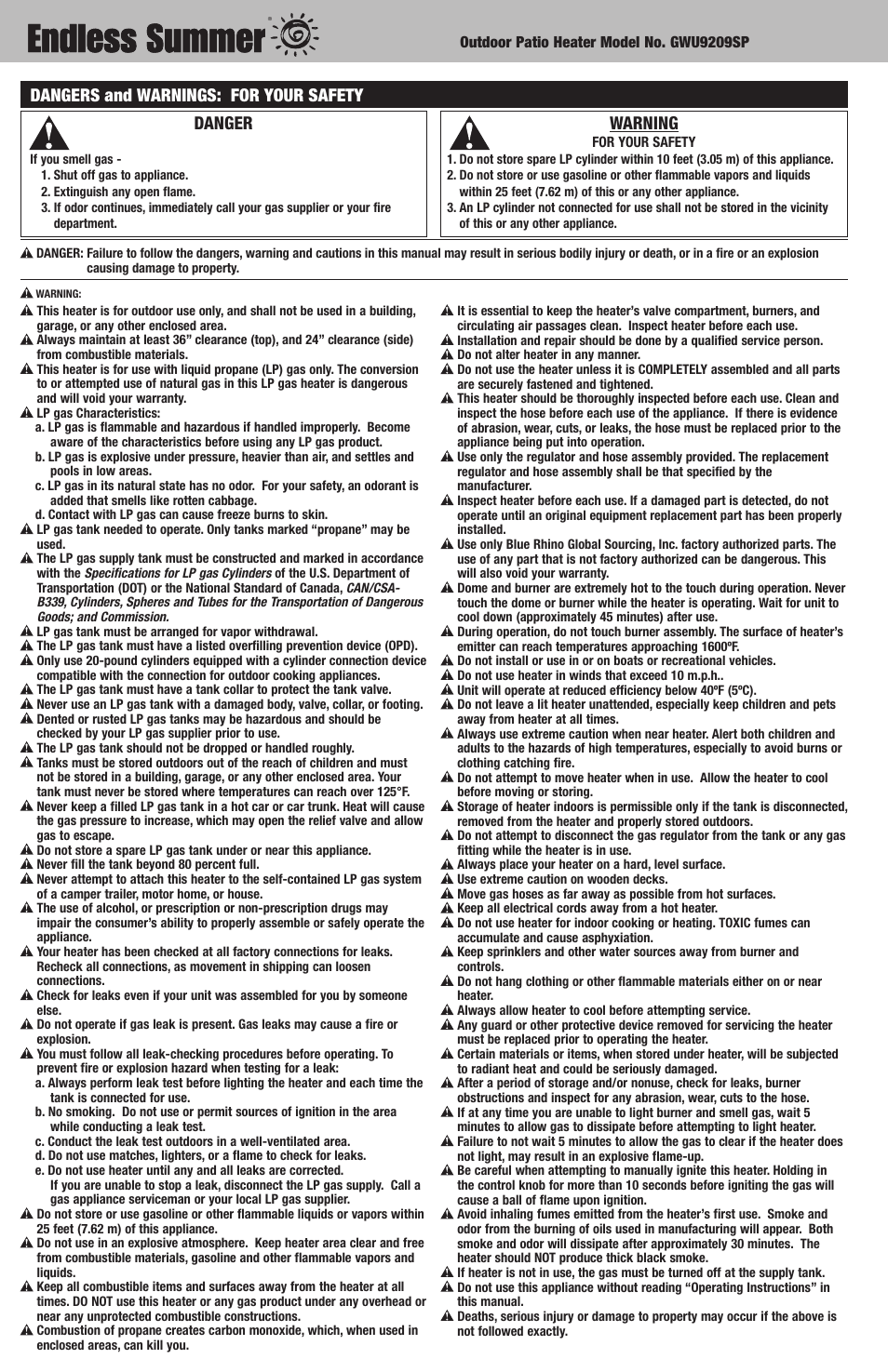 Danger, Dangers and warnings: for your safety, Warning | Blue Rhino Endless Summer GWU9209SP User Manual | Page 2 / 12