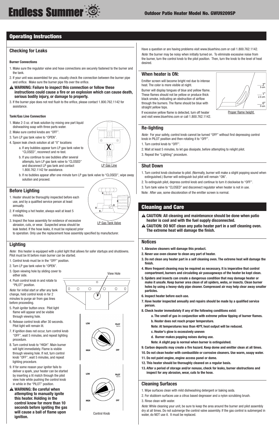 Cleaning and care, Operating instructions | Blue Rhino Endless Summer GWU9209SP User Manual | Page 8 / 12