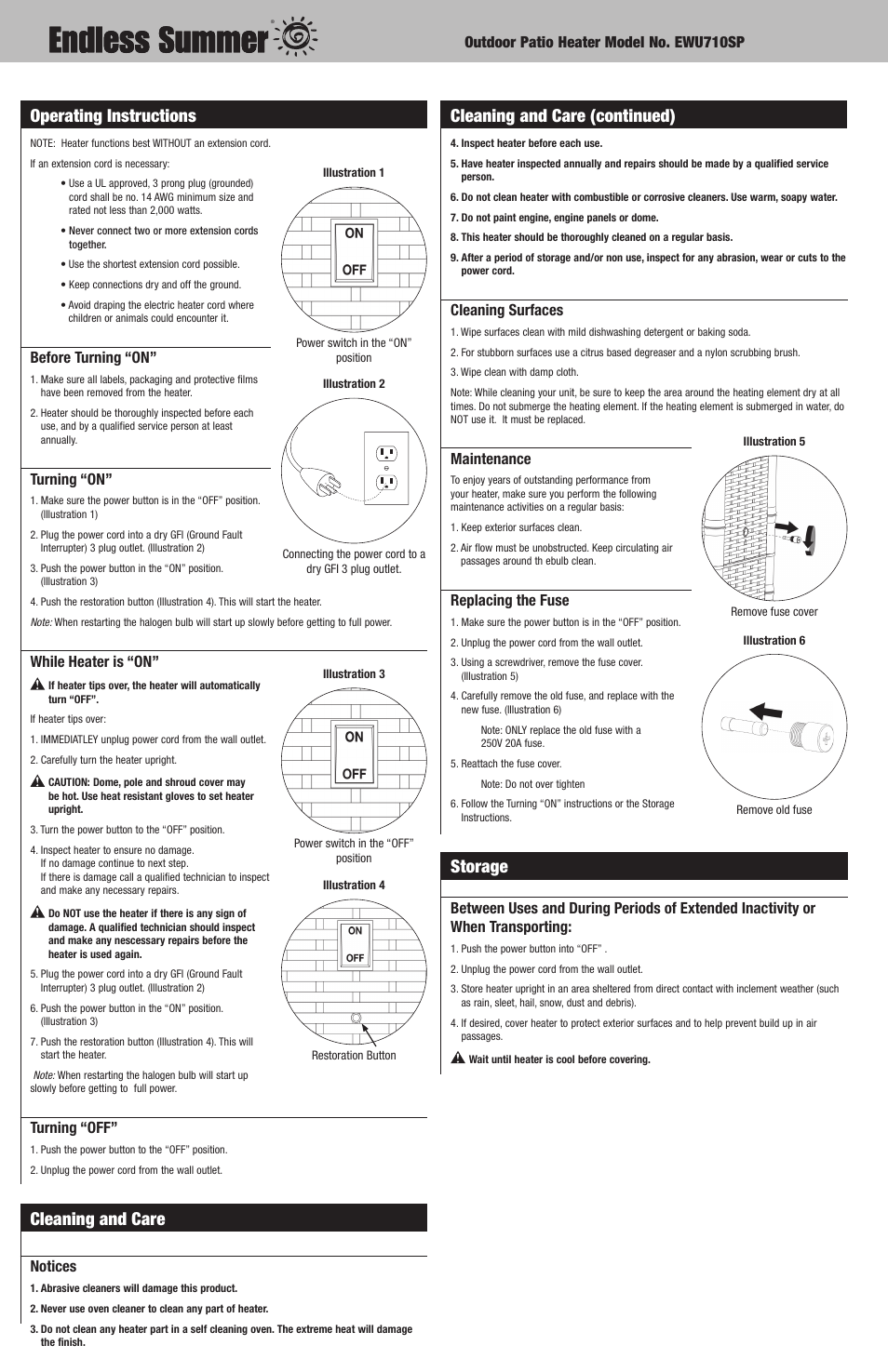 Cleaning and care, Operating instructions, Cleaning and care (continued) | Storage | Blue Rhino EWU710SP User Manual | Page 6 / 8