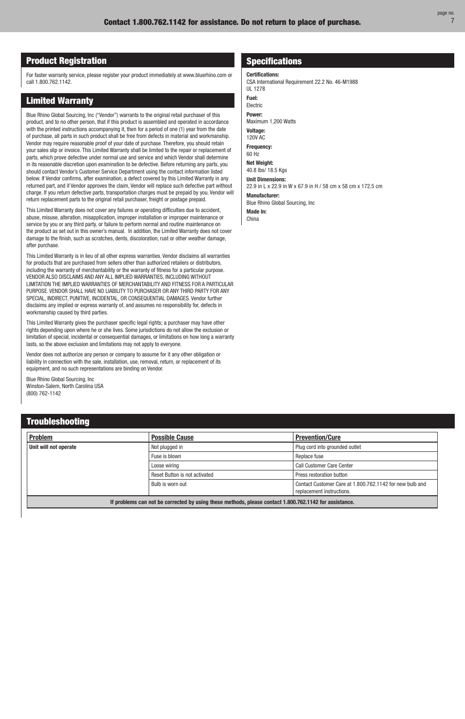 Product registration, Limited warranty, Specifications | Troubleshooting | Blue Rhino EWU710SP User Manual | Page 7 / 8