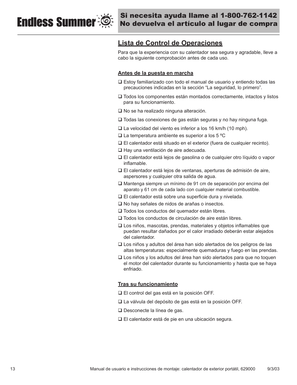 Lista de control de operaciones | Blue Rhino 62900 User Manual | Page 32 / 40