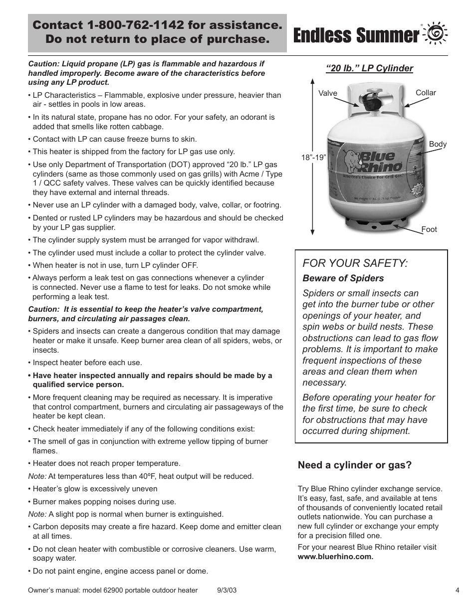 For your safety, Need a cylinder or gas | Blue Rhino 62900 User Manual | Page 5 / 40