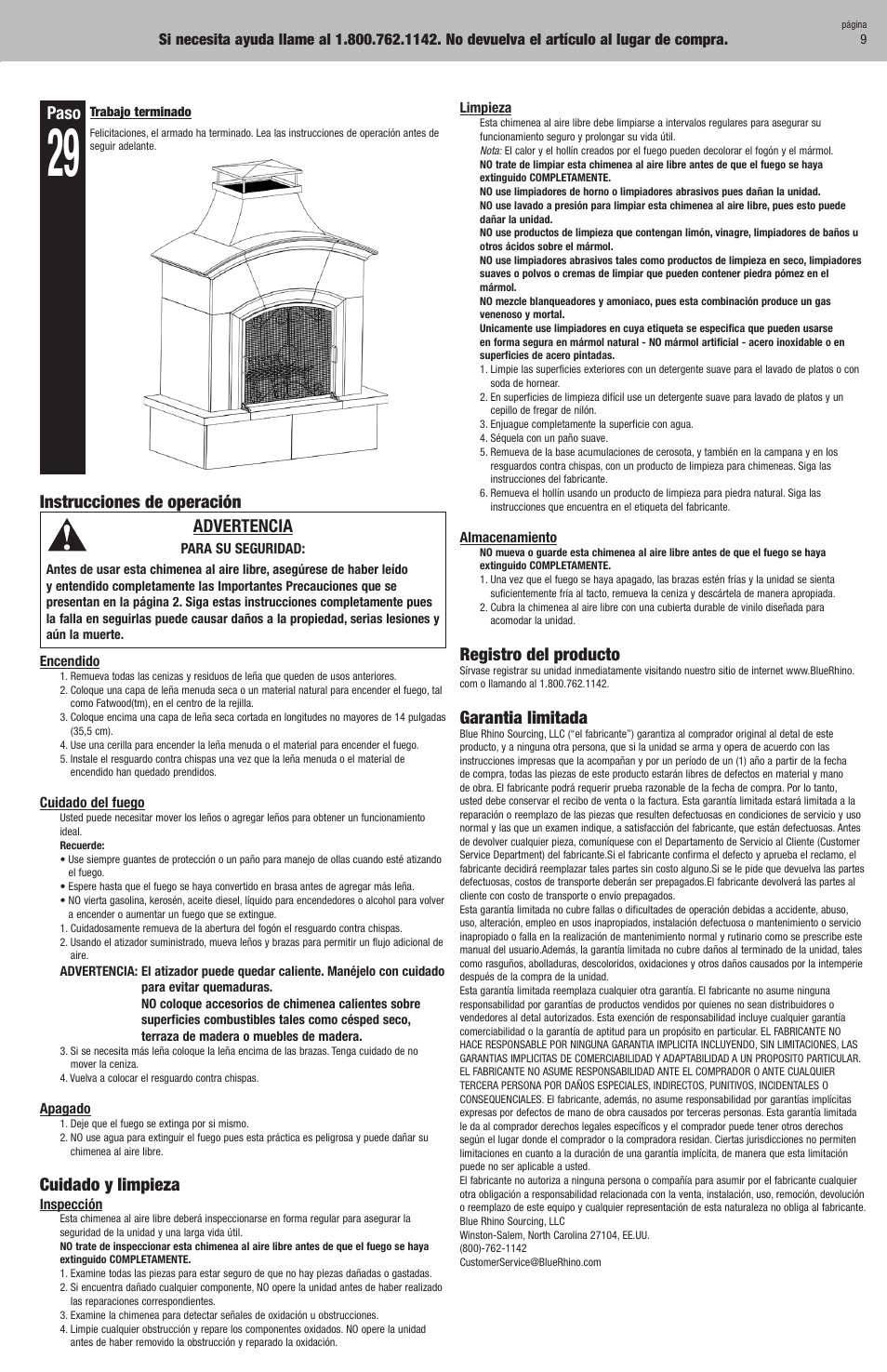 Paso, Instrucciones de operación advertencia, Cuidado y limpieza | Registro del producto, Garantia limitada | Blue Rhino WAF607A User Manual | Page 18 / 28