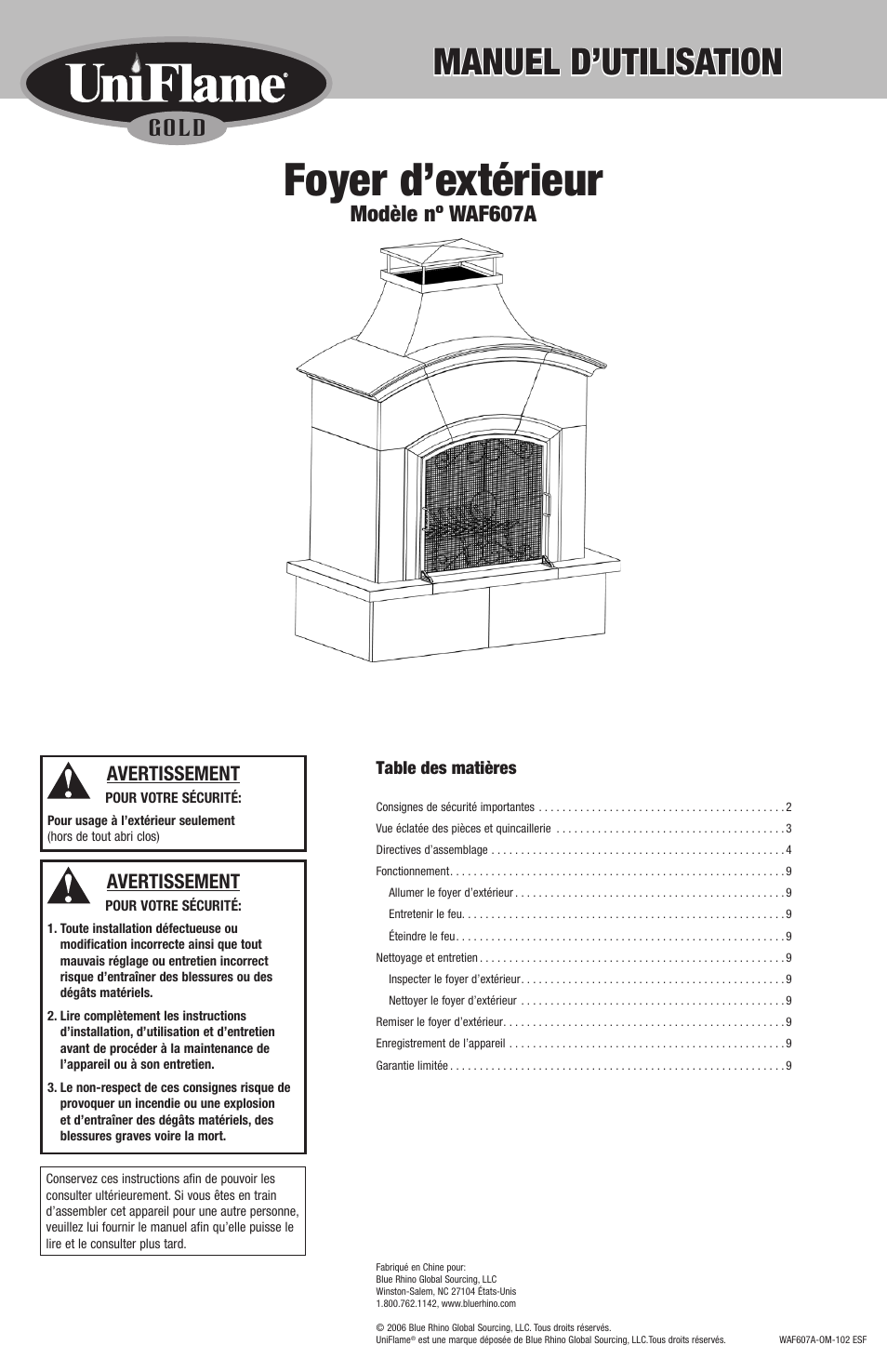 Foyer d’extérieur, Manuel d’utilisation, Modèle nº waf607a | Gold, Avertissement | Blue Rhino WAF607A User Manual | Page 19 / 28