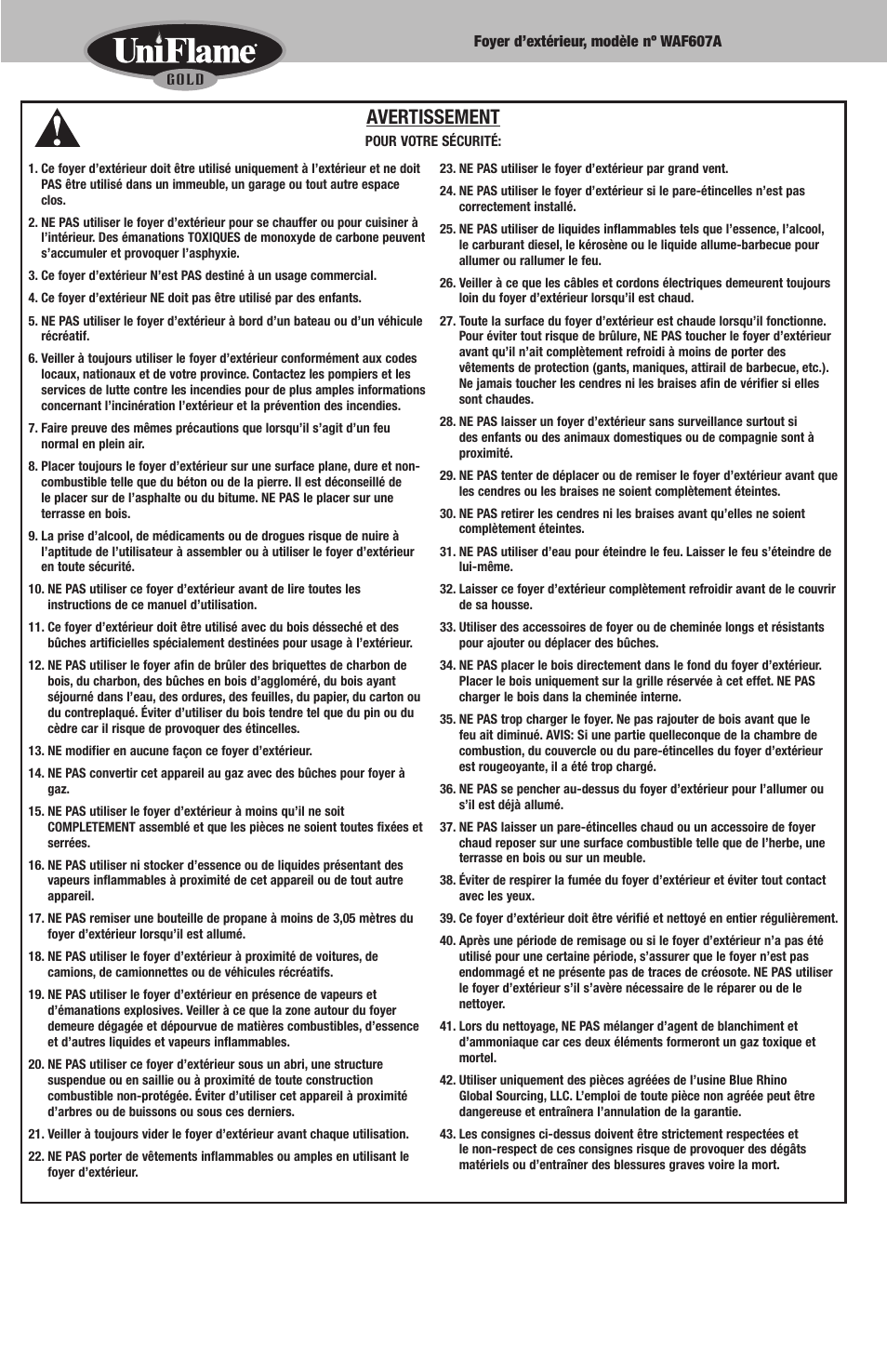 Avertissement | Blue Rhino WAF607A User Manual | Page 20 / 28