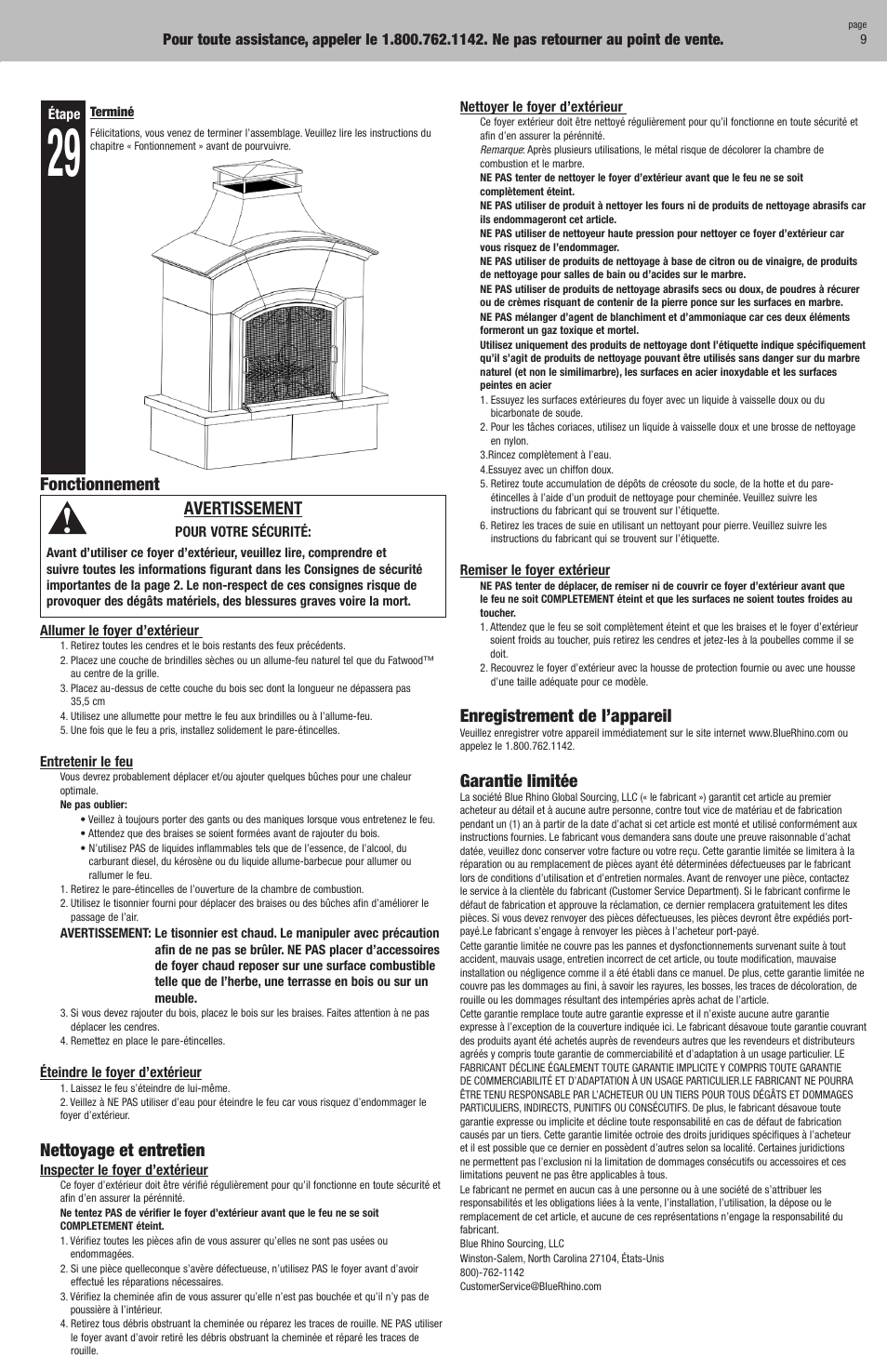 Fonctionnement avertissement, Nettoyage et entretien, Enregistrement de l’appareil | Garantie limitée | Blue Rhino WAF607A User Manual | Page 27 / 28