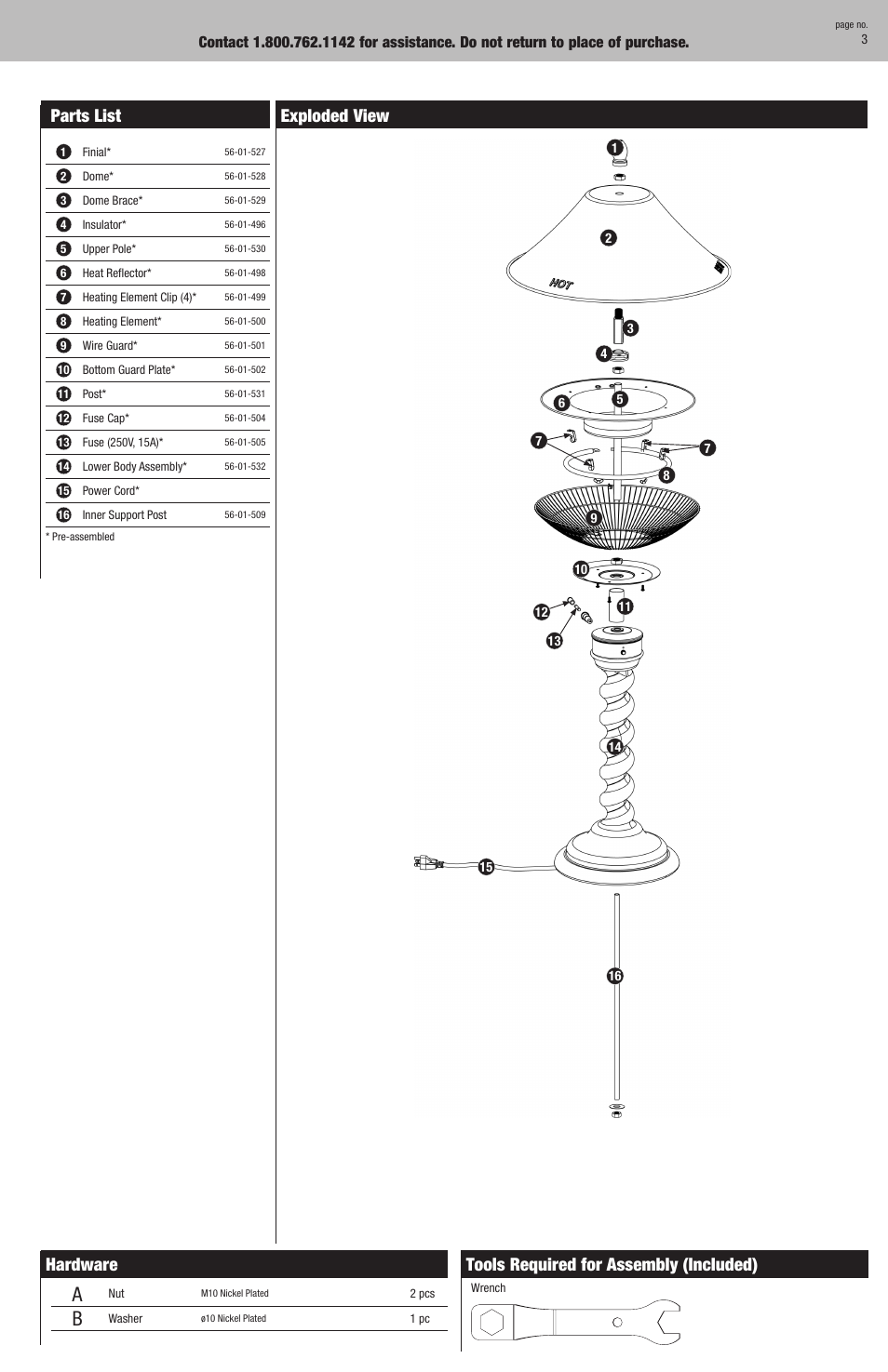 Parts list, Exploded view, Hardware | Tools required for assembly (included) | Blue Rhino EWTR800SP User Manual | Page 3 / 8