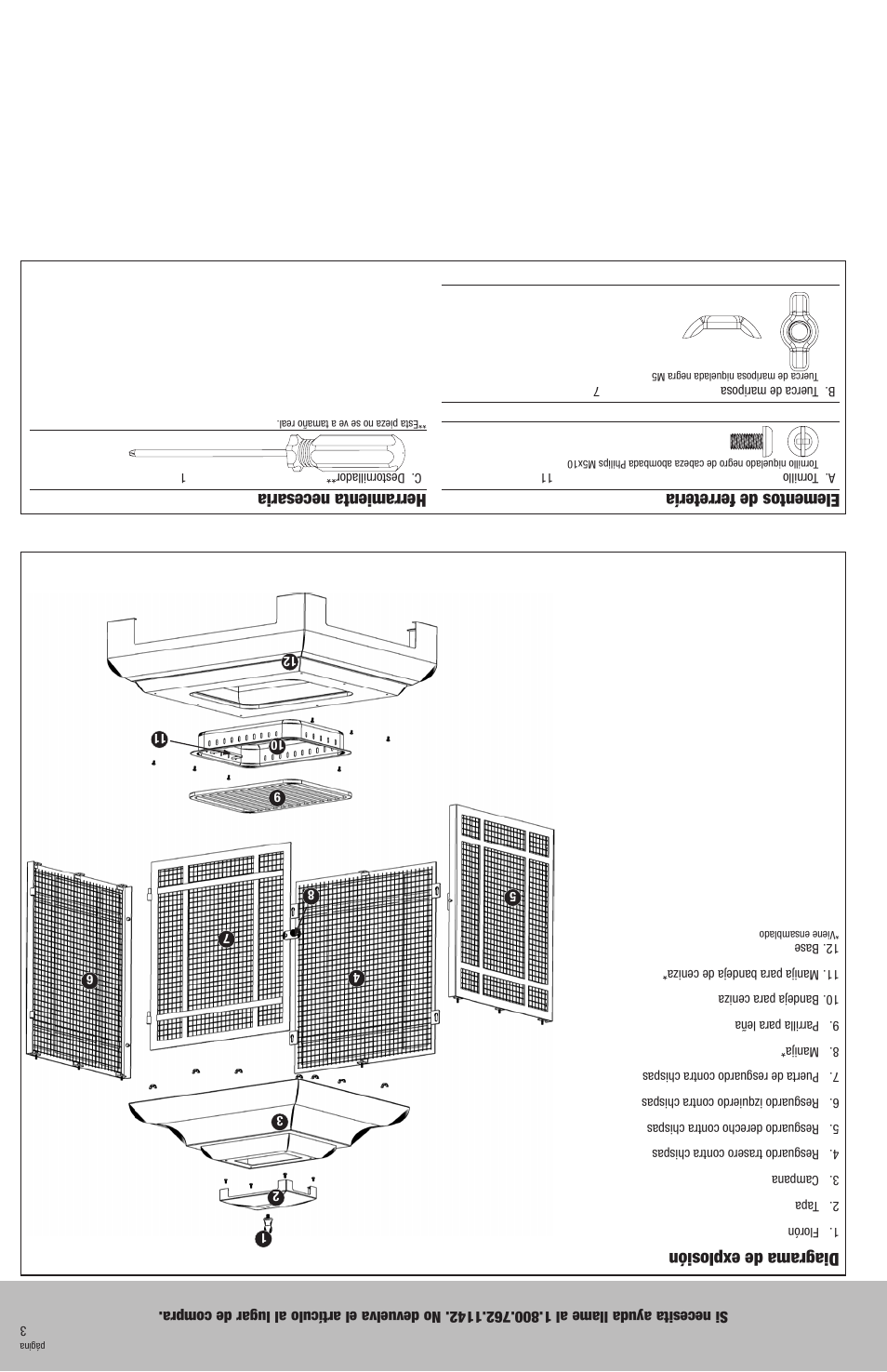 Elementos de ferretería, Herramienta necesaria, Diagrama de explosión | Blue Rhino WAF501C User Manual | Page 10 / 12
