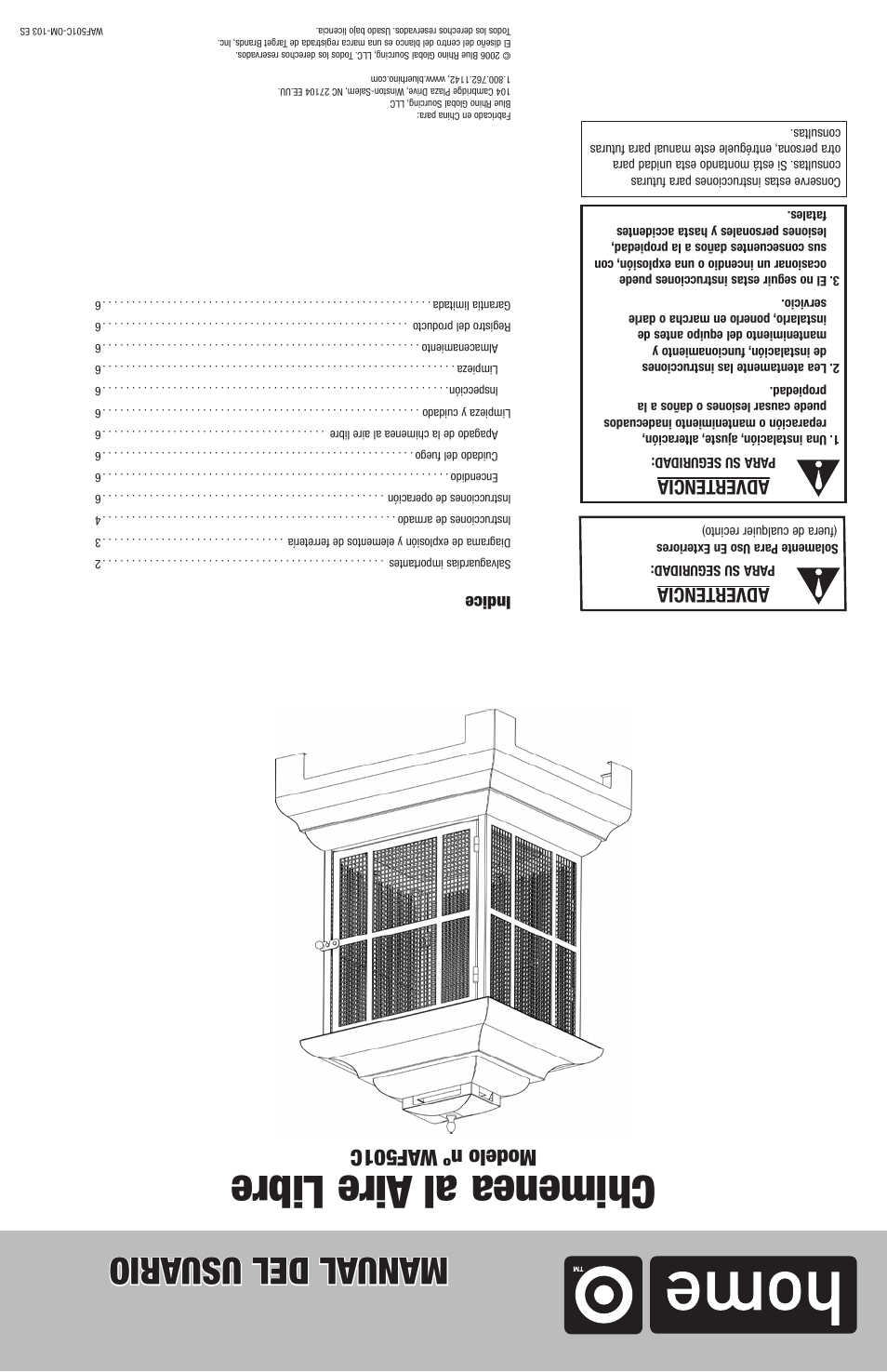 Chimenea al aire libre, Manual del usu ario, Modelo nº waf501c | Advertencia, Indice | Blue Rhino WAF501C User Manual | Page 12 / 12