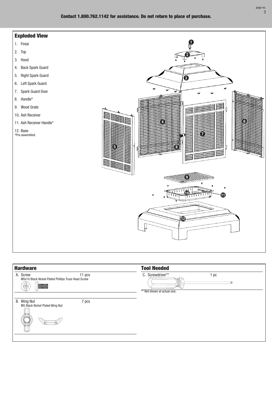 Hardware, Tool needed, Exploded view | Blue Rhino WAF501C User Manual | Page 3 / 12