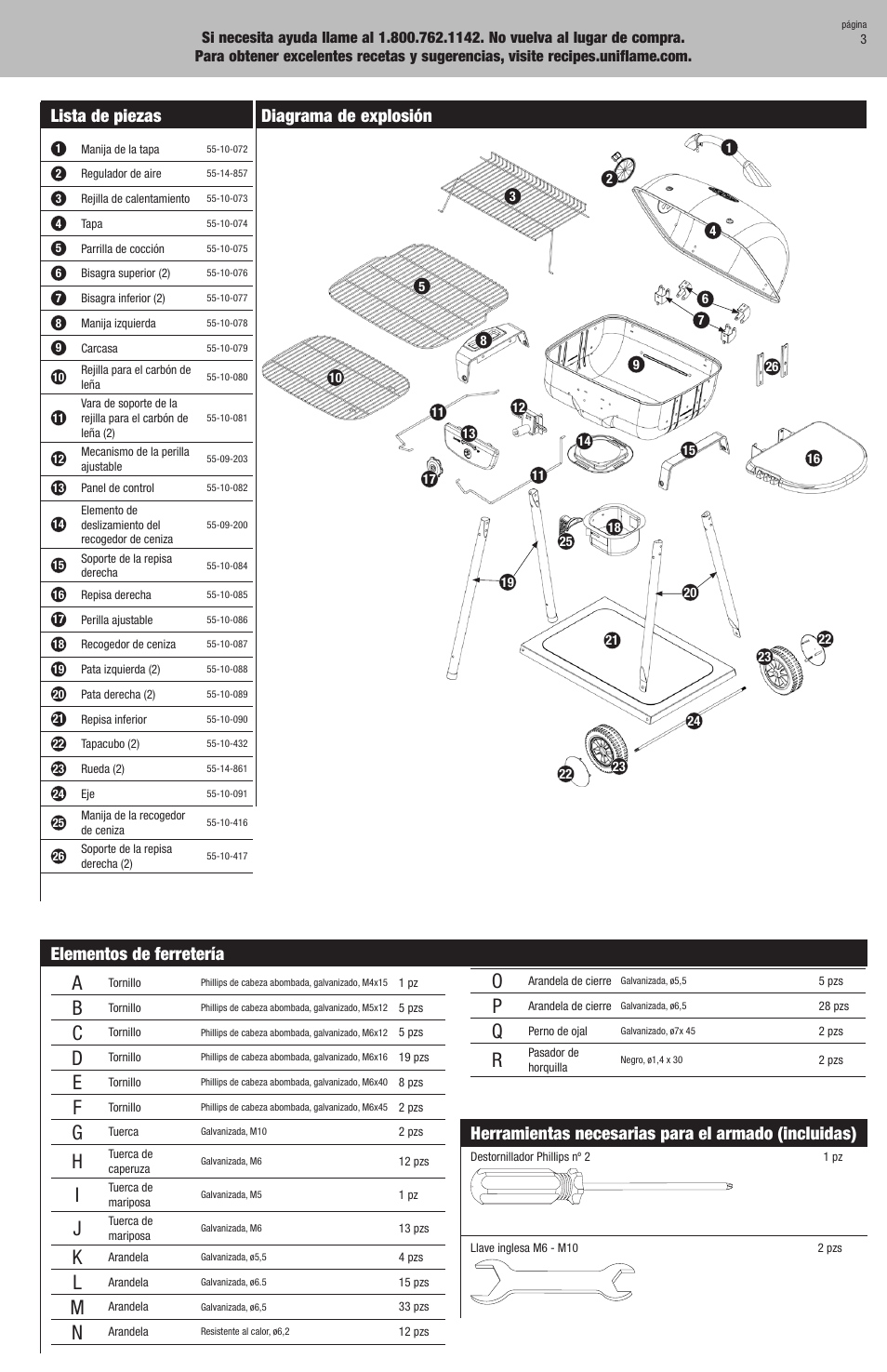 Lista de piezas, Diagrama de explosión, Elementos de ferretería | Herramientas necesarias para el armado (incluidas) | Blue Rhino CBC1030W User Manual | Page 11 / 16