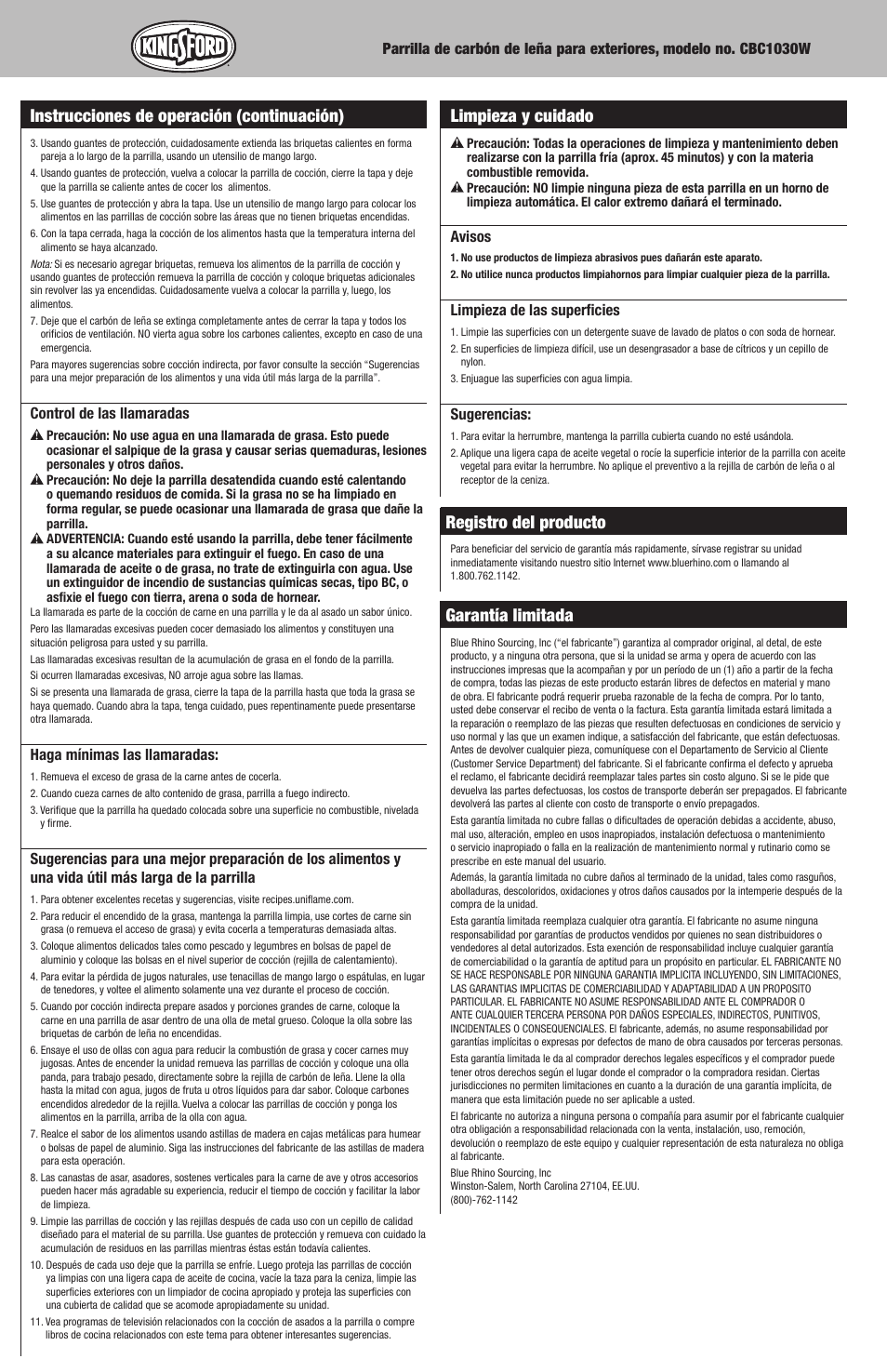 Limpieza y cuidado, Registro del producto, Garantía limitada | Instrucciones de operación (continuación) | Blue Rhino CBC1030W User Manual | Page 16 / 16