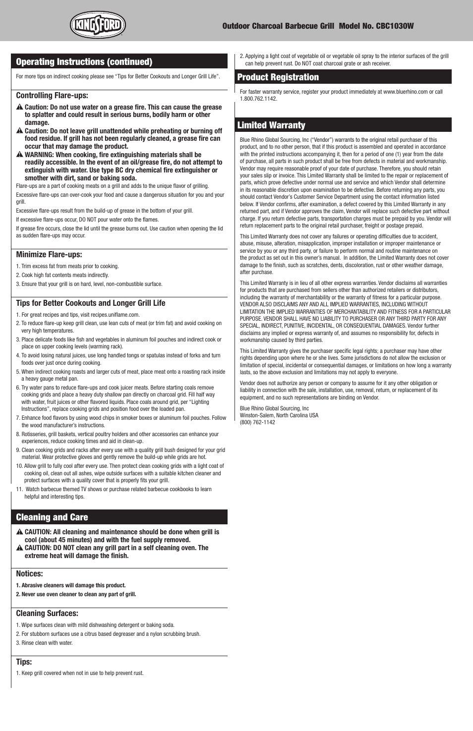 Cleaning and care, Operating instructions (continued), Product registration | Limited warranty | Blue Rhino CBC1030W User Manual | Page 8 / 16