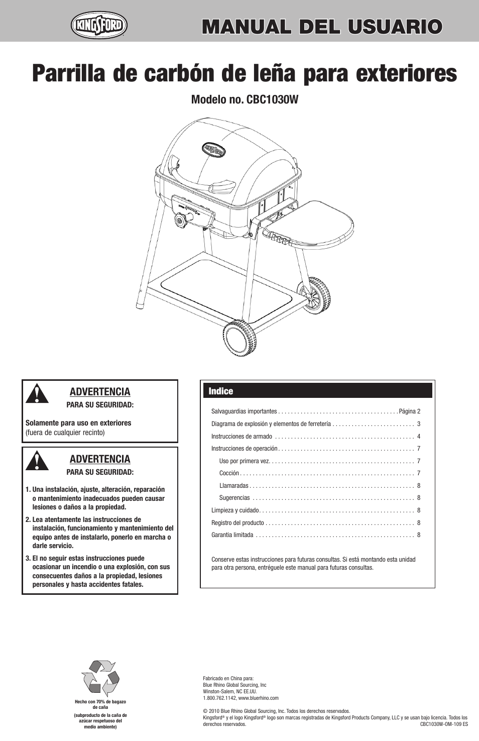 Parrilla de carbón de leña para exteriores, Manual del usuario, Modelo no. cbc1030w | Advertencia, Indice | Blue Rhino CBC1030W User Manual | Page 9 / 16