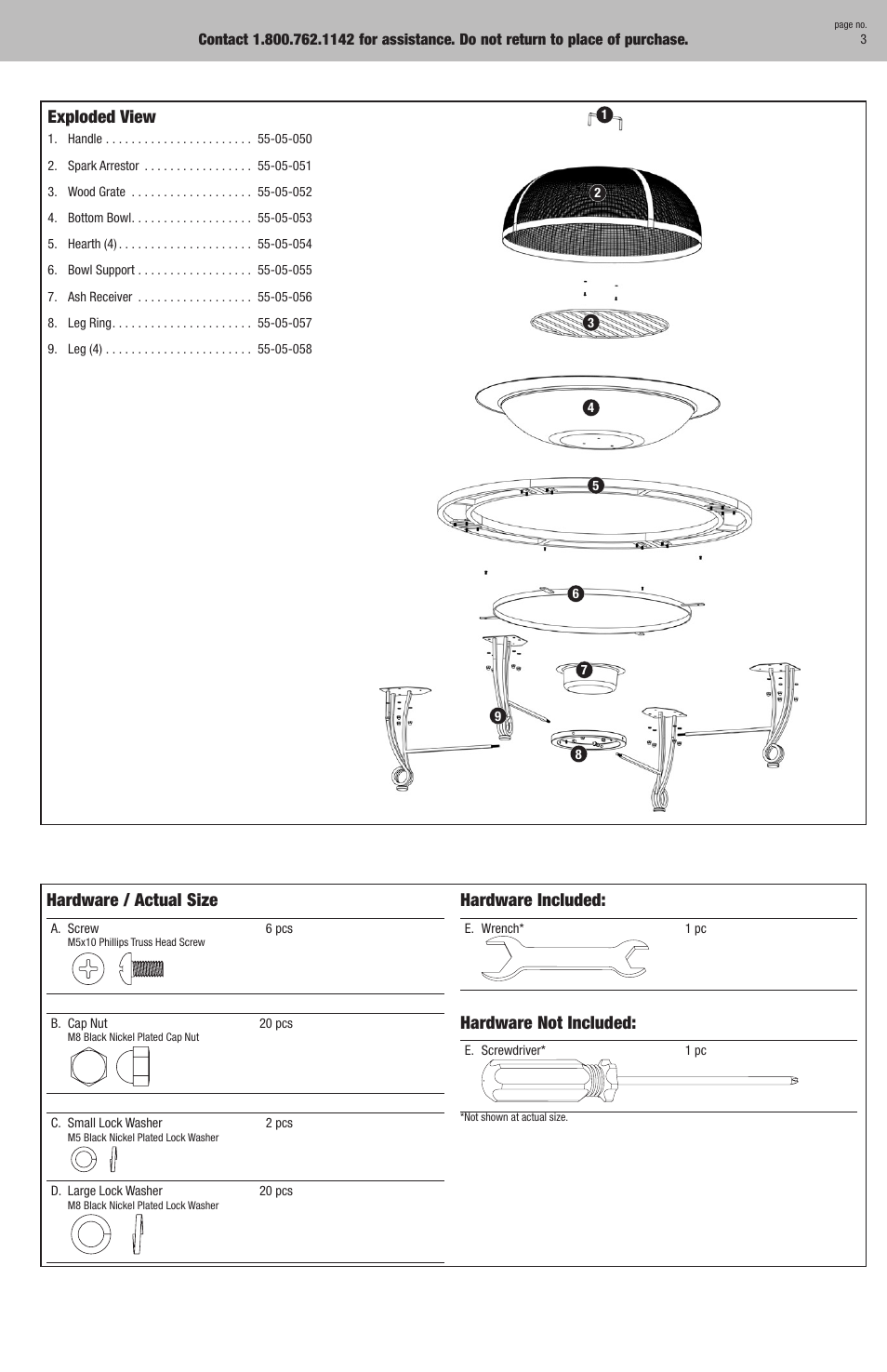 Exploded view, Hardware / actual size, Hardware included | Hardware not included | Blue Rhino WAD506A User Manual | Page 3 / 6
