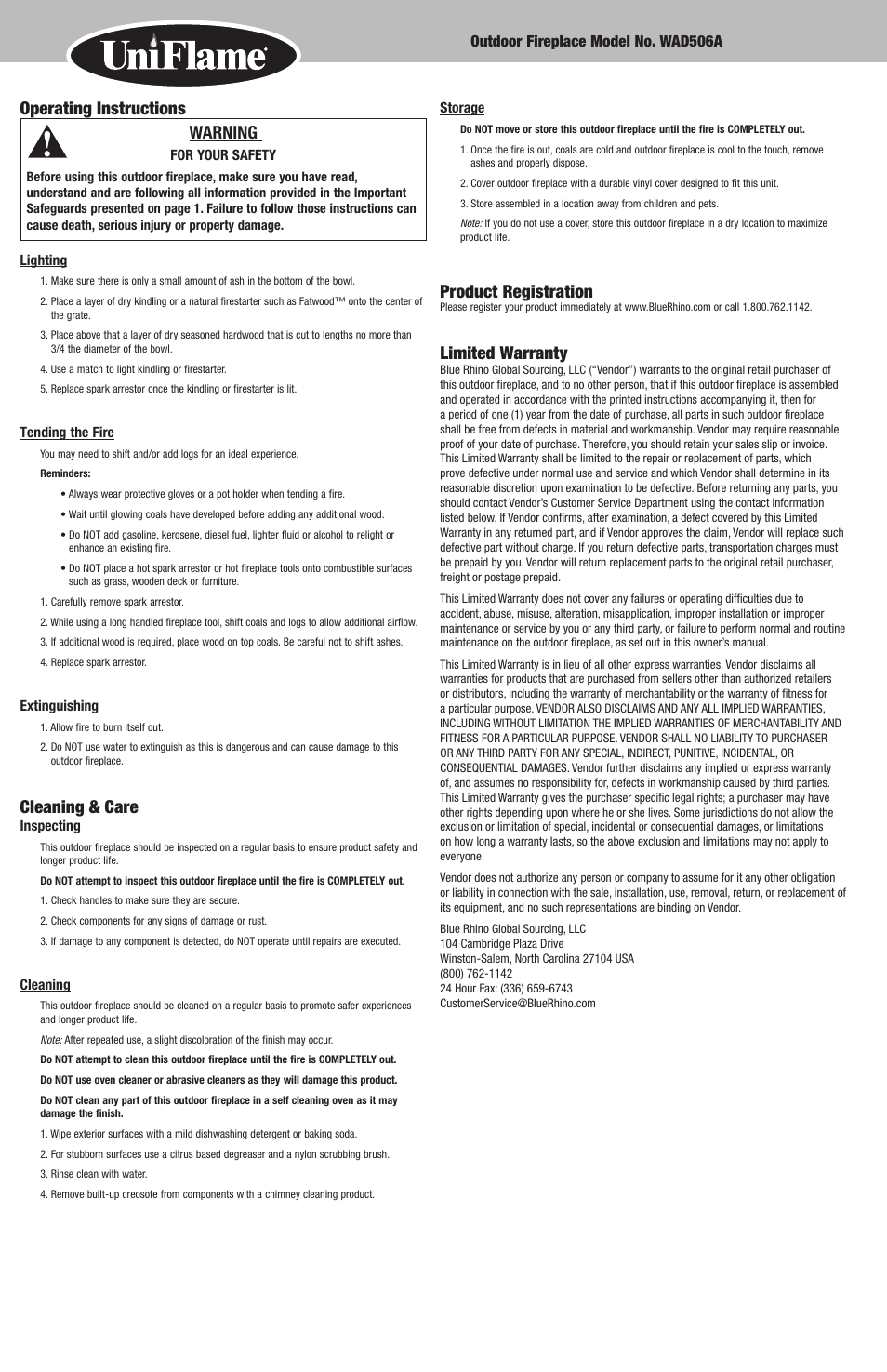 Operating instructions warning, Cleaning & care, Product registration | Limited warranty | Blue Rhino WAD506A User Manual | Page 6 / 6