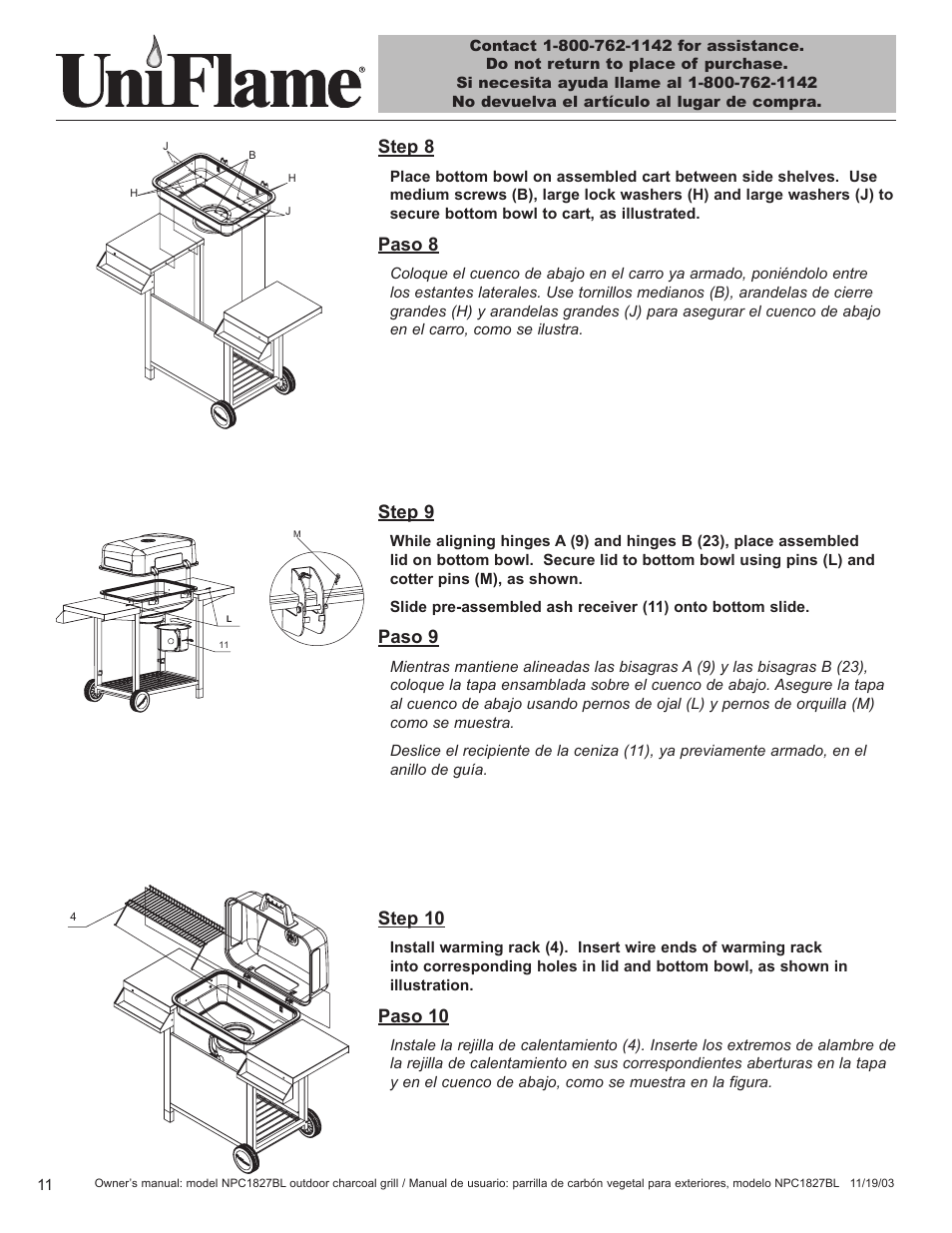 Step 10, Paso 10, Step 9 | Paso 9, Step 8, Paso 8 | Blue Rhino UniFlame NPC1827BL User Manual | Page 12 / 26