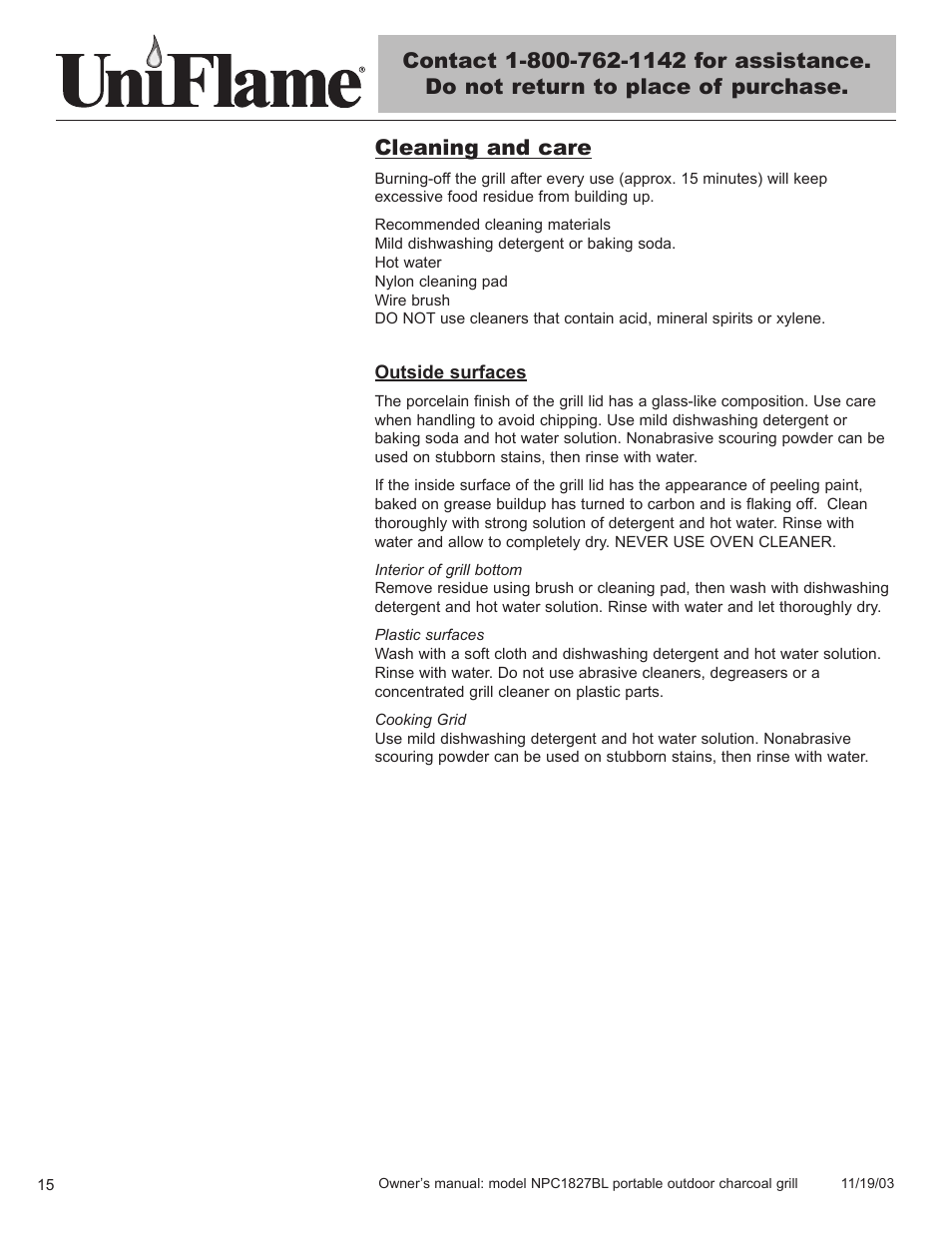 Cleaning and care | Blue Rhino UniFlame NPC1827BL User Manual | Page 16 / 26