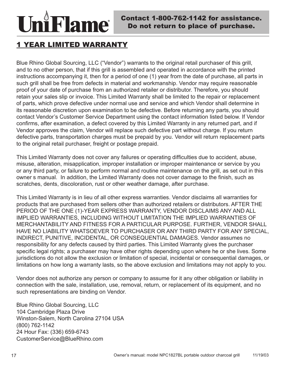 1 year limited warranty | Blue Rhino UniFlame NPC1827BL User Manual | Page 18 / 26