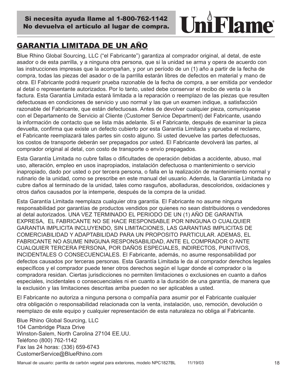 Garantia limitada de un año | Blue Rhino UniFlame NPC1827BL User Manual | Page 19 / 26