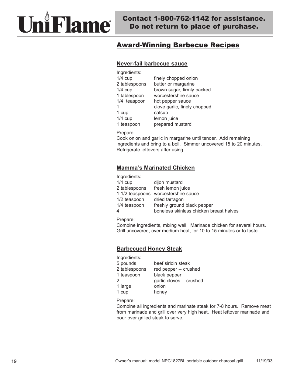 Award-winning barbecue recipes | Blue Rhino UniFlame NPC1827BL User Manual | Page 20 / 26