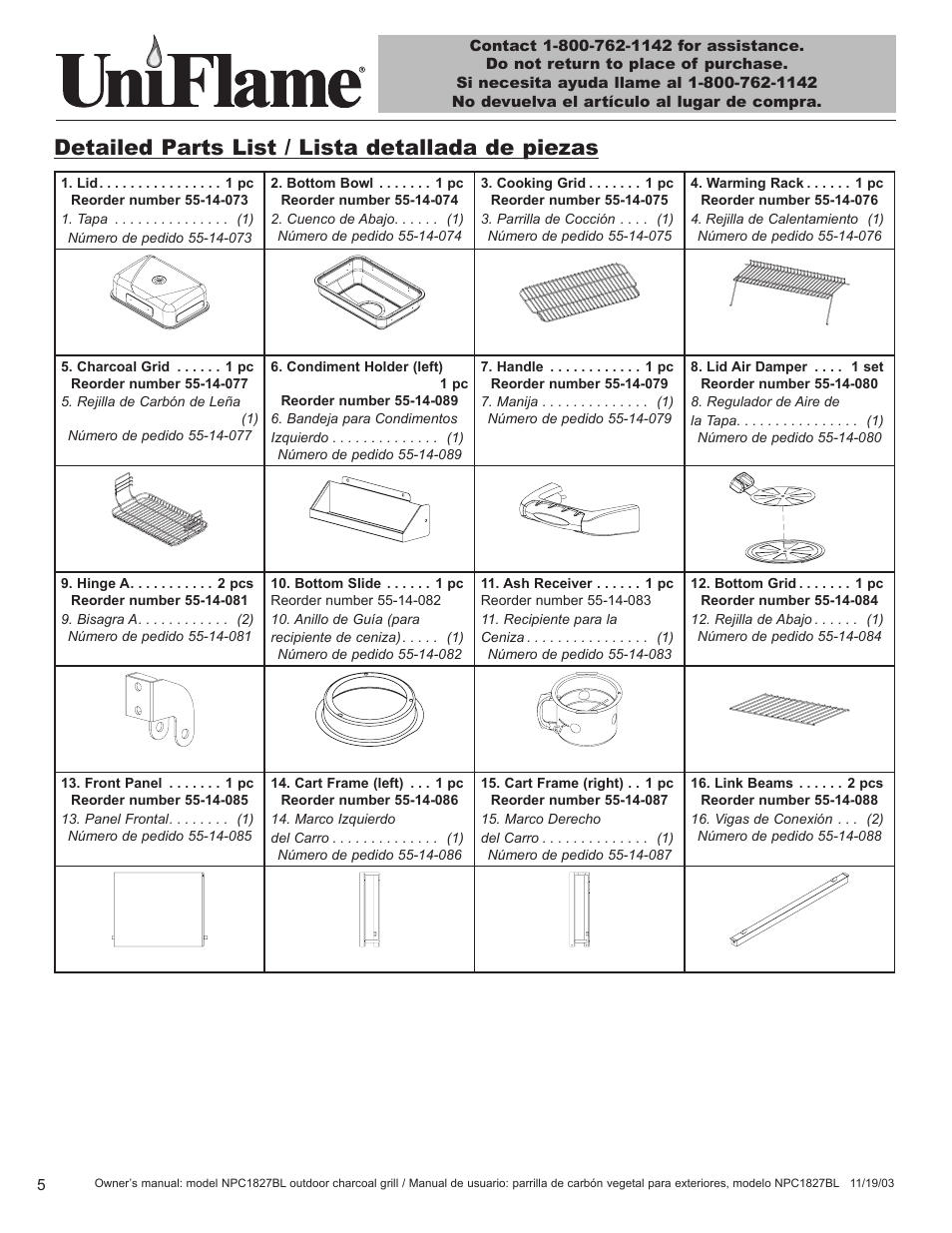 Detailed parts list / lista detallada de piezas | Blue Rhino UniFlame NPC1827BL User Manual | Page 6 / 26