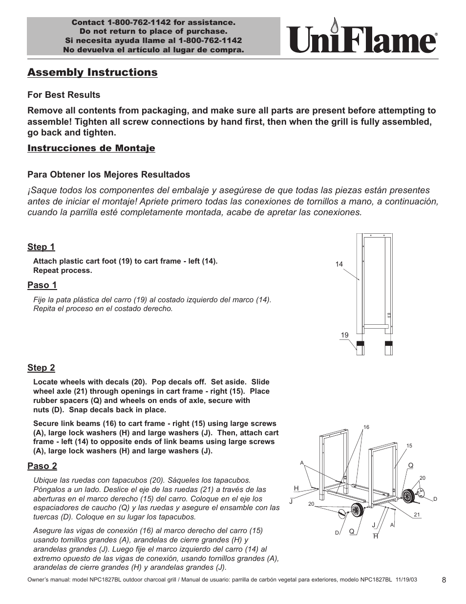 Assembly instructions, Step 1, Paso 1 | Paso 2 | Blue Rhino UniFlame NPC1827BL User Manual | Page 9 / 26