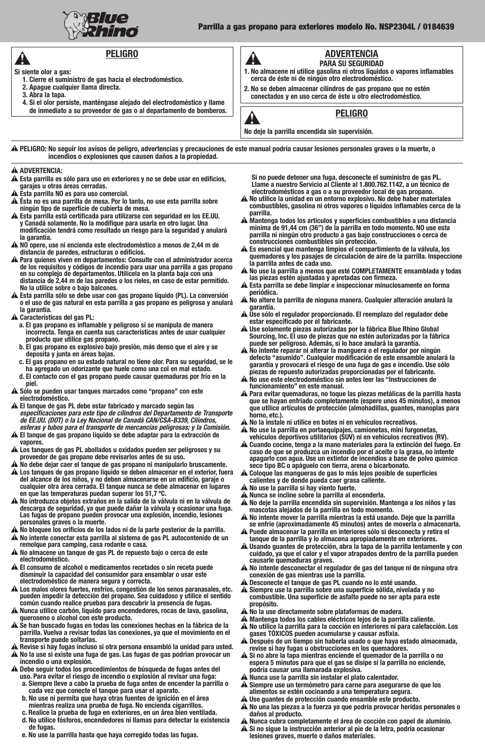 Advertencia, Peligro | Blue Rhino NSP2304L / 0184639 User Manual | Page 12 / 20