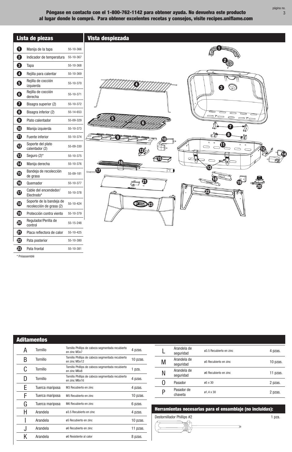 Aditamentos, Lista de piezas, Vista despiezada | Blue Rhino NSP2304L / 0184639 User Manual | Page 13 / 20