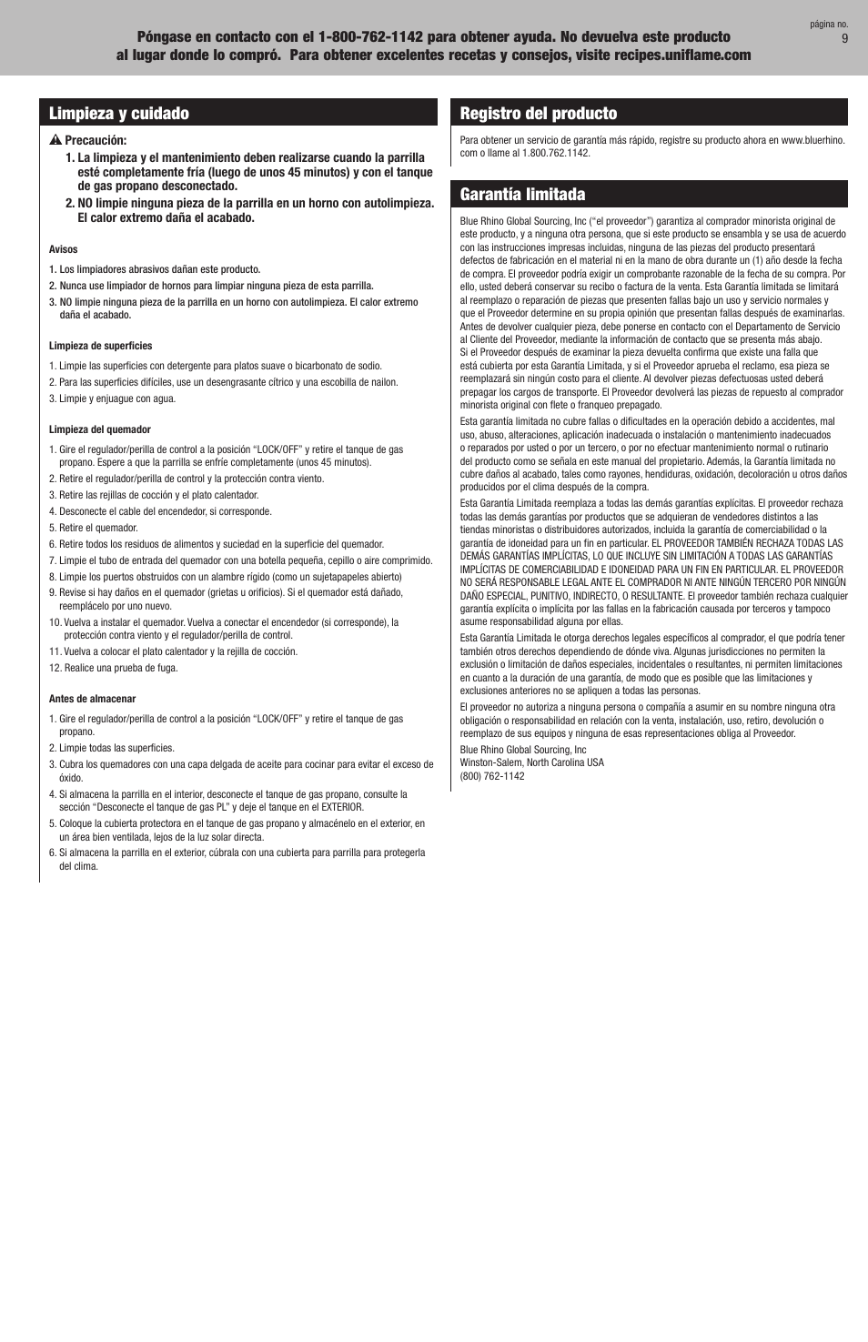 Limpieza y cuidado, Registro del producto, Garantía limitada | Blue Rhino NSP2304L / 0184639 User Manual | Page 19 / 20