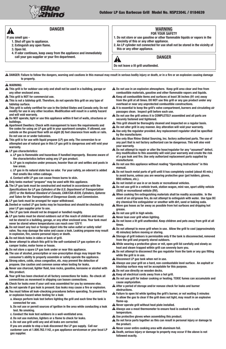 Danger, Warning | Blue Rhino NSP2304L / 0184639 User Manual | Page 2 / 20