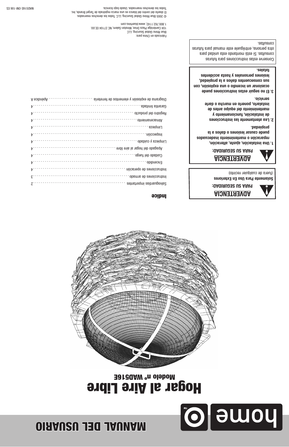 Hogar al aire libre, Manual del usu ario, Modelo nº wad516e | Advertencia, Indice | Blue Rhino WAD516E User Manual | Page 10 / 10