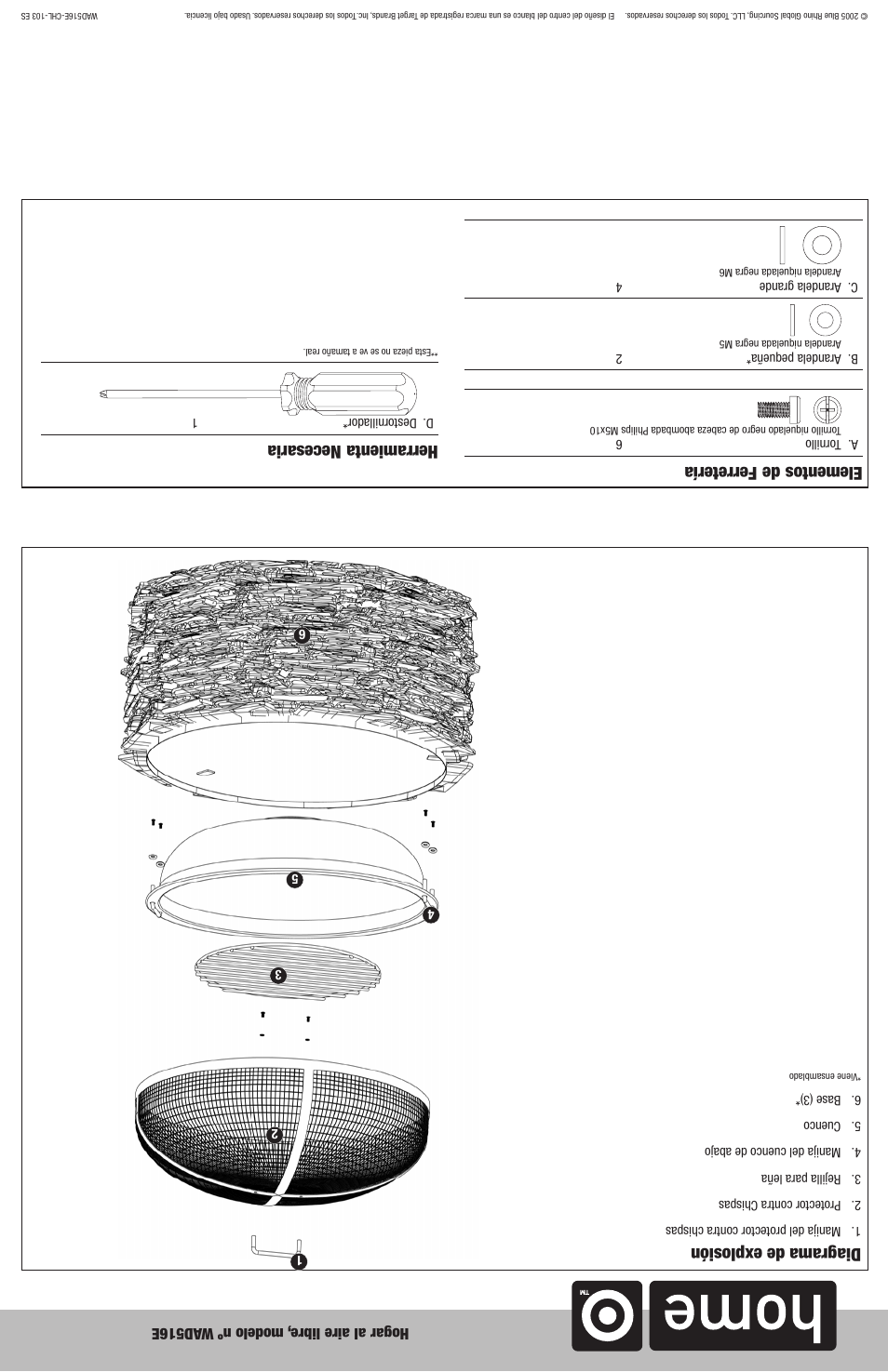 Diagrama de explosión, Elementos de ferretería, Herramienta necesaria | Blue Rhino WAD516E User Manual | Page 6 / 10