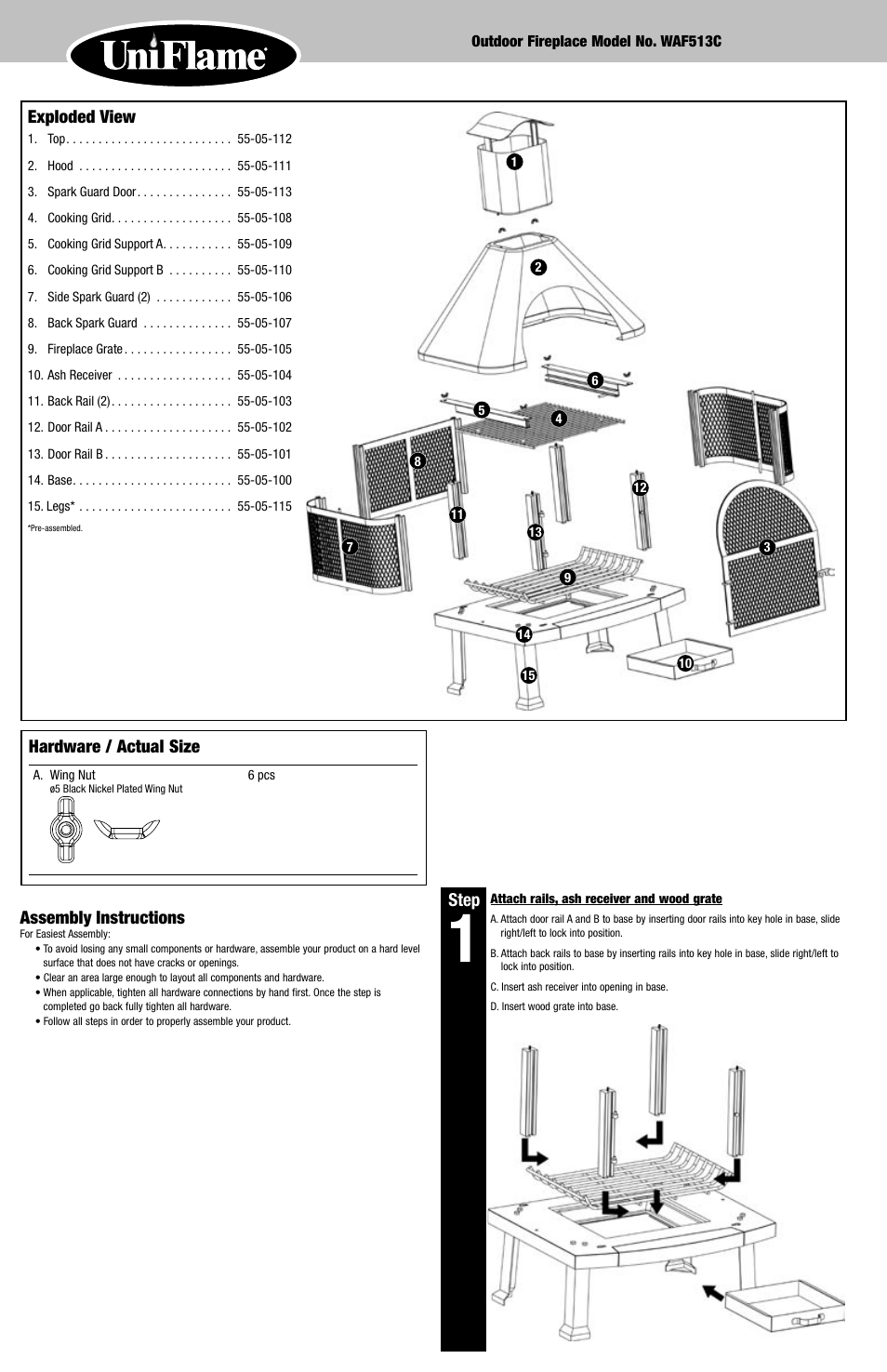 Exploded view, Hardware / actual size, Step | Assembly instructions | Blue Rhino WAF513C User Manual | Page 2 / 4