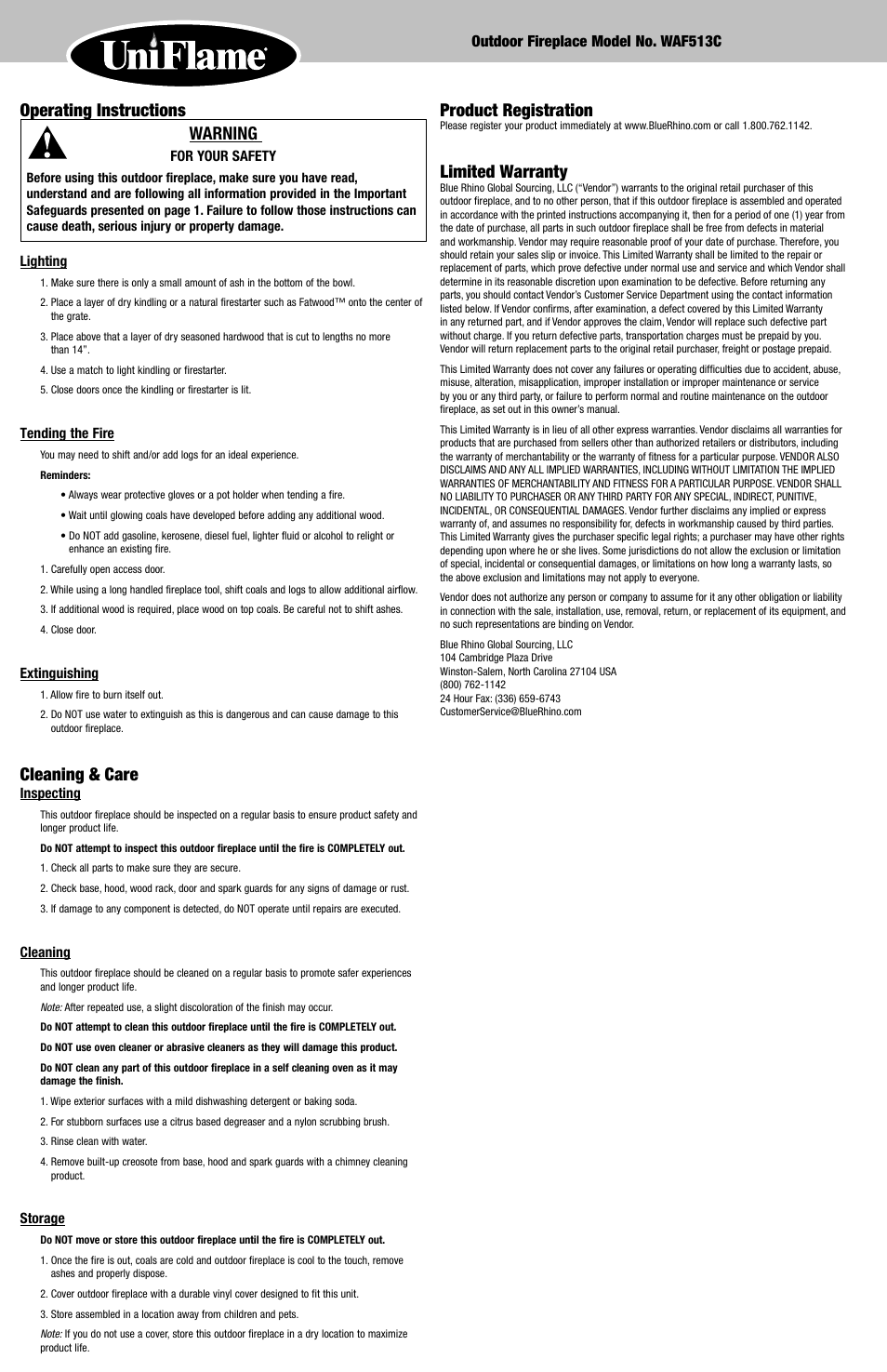 Operating instructions warning, Cleaning & care, Product registration | Limited warranty | Blue Rhino WAF513C User Manual | Page 4 / 4