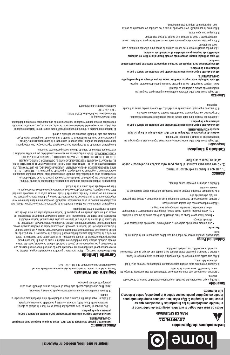 Instrucciones de operación advertencia, Cuidado y limpieza, Registro del producto | Garantia limitada, Hogar al aire libre , modelo nº w ad613t | Blue Rhino WAD613T User Manual | Page 10 / 10