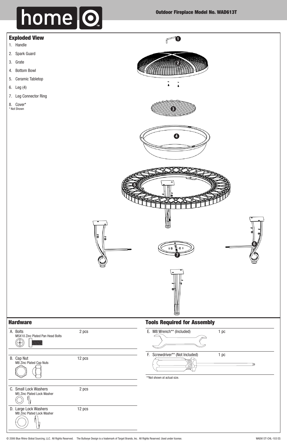 Exploded view, Hardware, Tools required for assembly | Blue Rhino WAD613T User Manual | Page 5 / 10