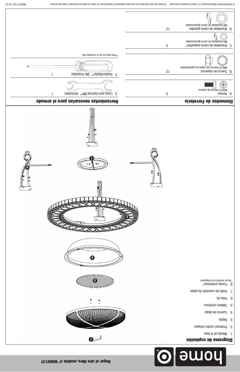 Diagrama de explosión, Elementos de ferretería, Herramientas necesarias para el armado | Blue Rhino WAD613T User Manual | Page 6 / 10