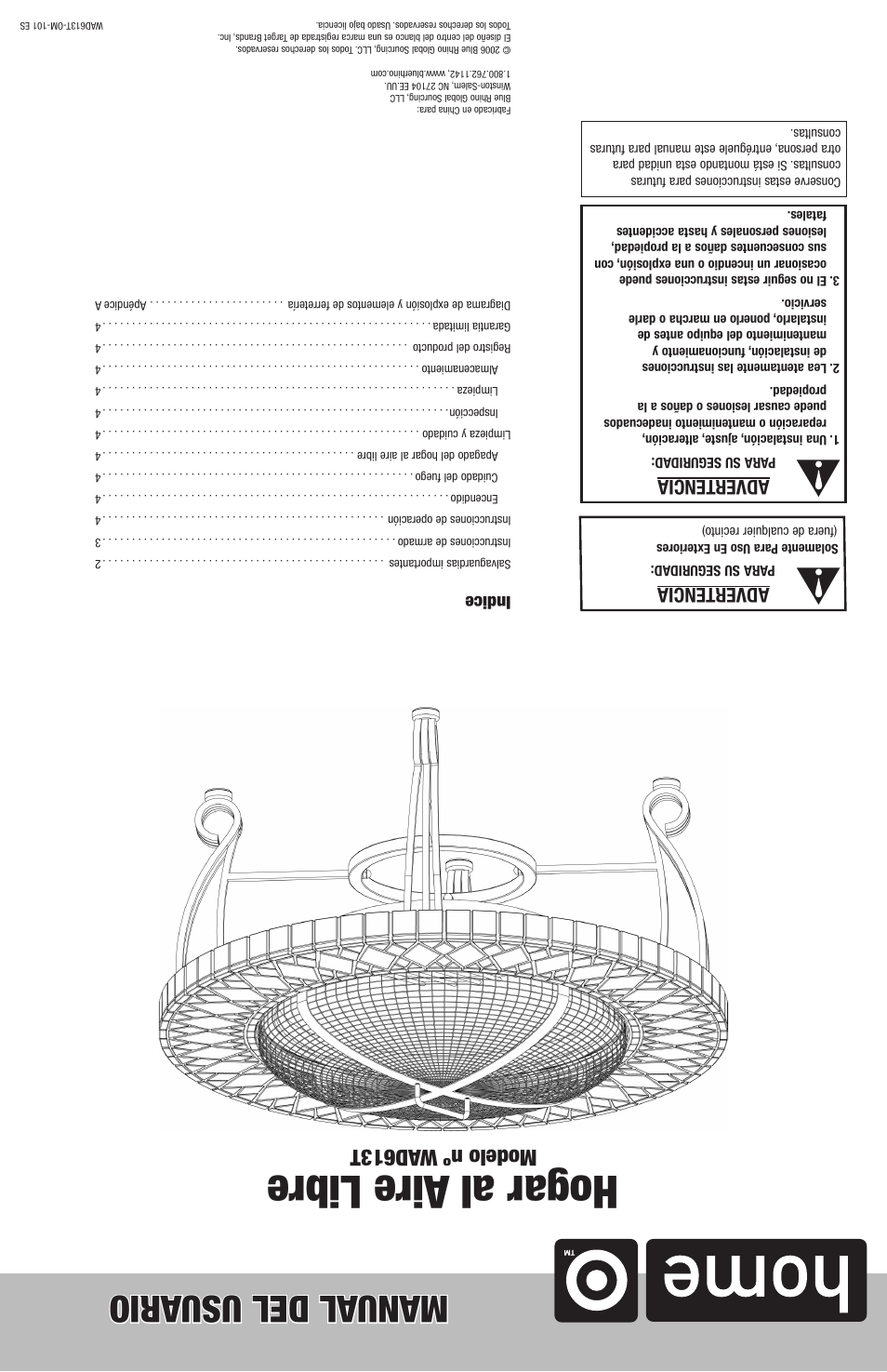 Hogar al aire libre, Manual del usu ario, Modelo nº wad613t | Advertencia, Indice | Blue Rhino WAD613T User Manual | Page 7 / 10