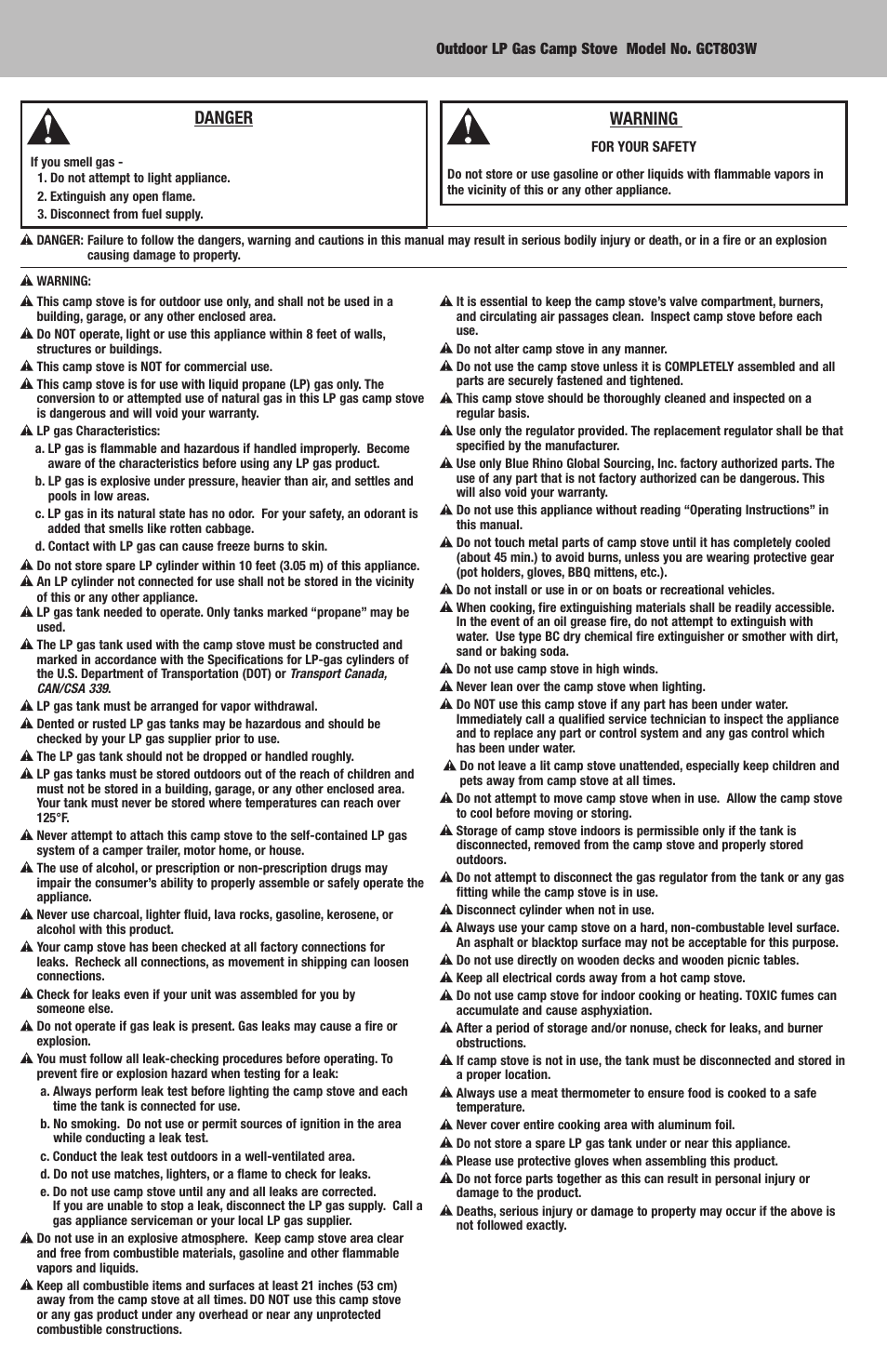 Danger, Warning | Blue Rhino GCT803W User Manual | Page 2 / 16