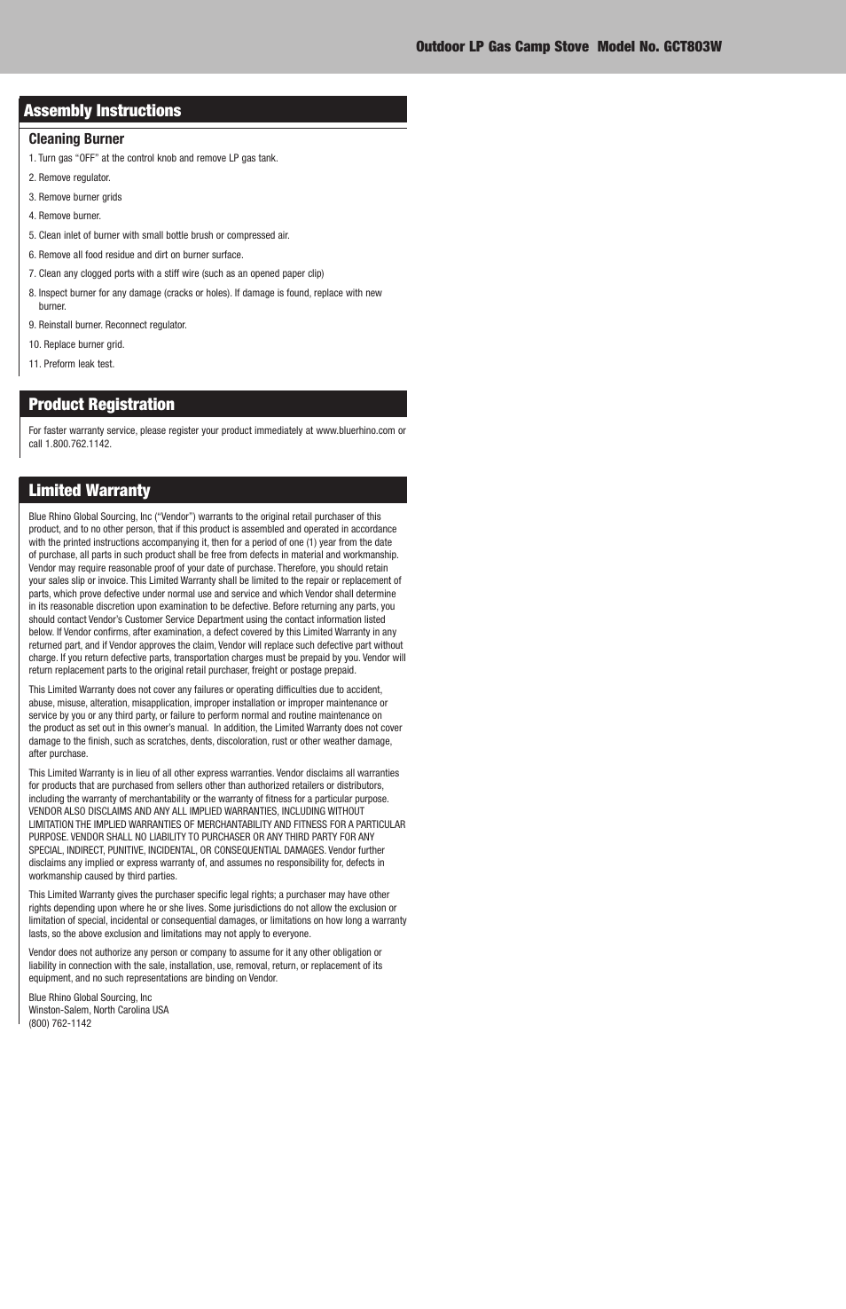 Product registration, Limited warranty, Assembly instructions | Blue Rhino GCT803W User Manual | Page 6 / 16