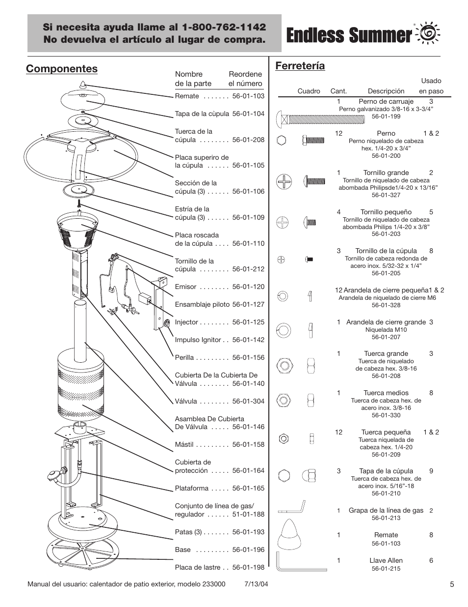 Componentes, Ferretería | Blue Rhino 233000 User Manual | Page 27 / 44