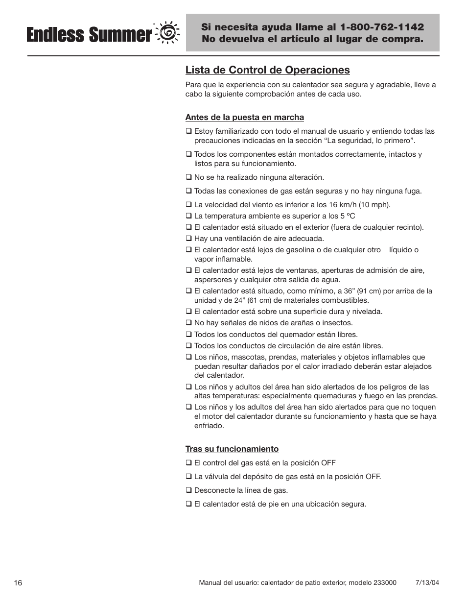 Lista de control de operaciones | Blue Rhino 233000 User Manual | Page 38 / 44