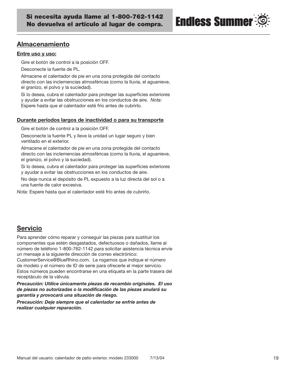 Almacenamiento, Servicio | Blue Rhino 233000 User Manual | Page 41 / 44