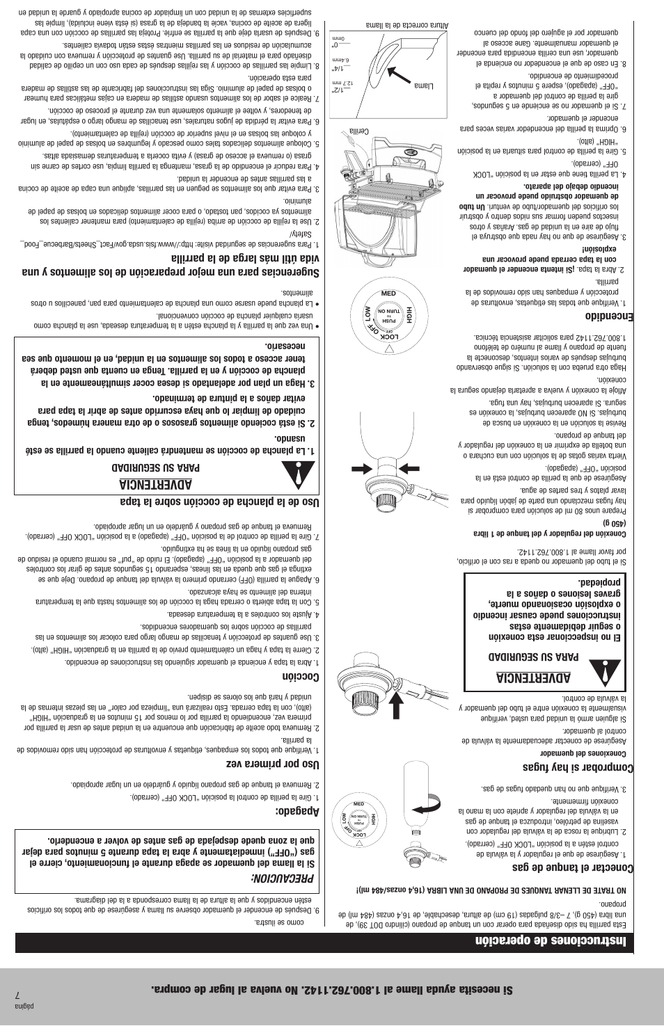 Instrucciones de operación, Advertencia, Conectar el tanque de gas | Comprobar si hay fugas, Encendido, Precaucion, Apagado, Uso por primera vez, Cocción, Uso de la plancha de cocción sobre la tapa | Blue Rhino GBT611B User Manual | Page 10 / 16