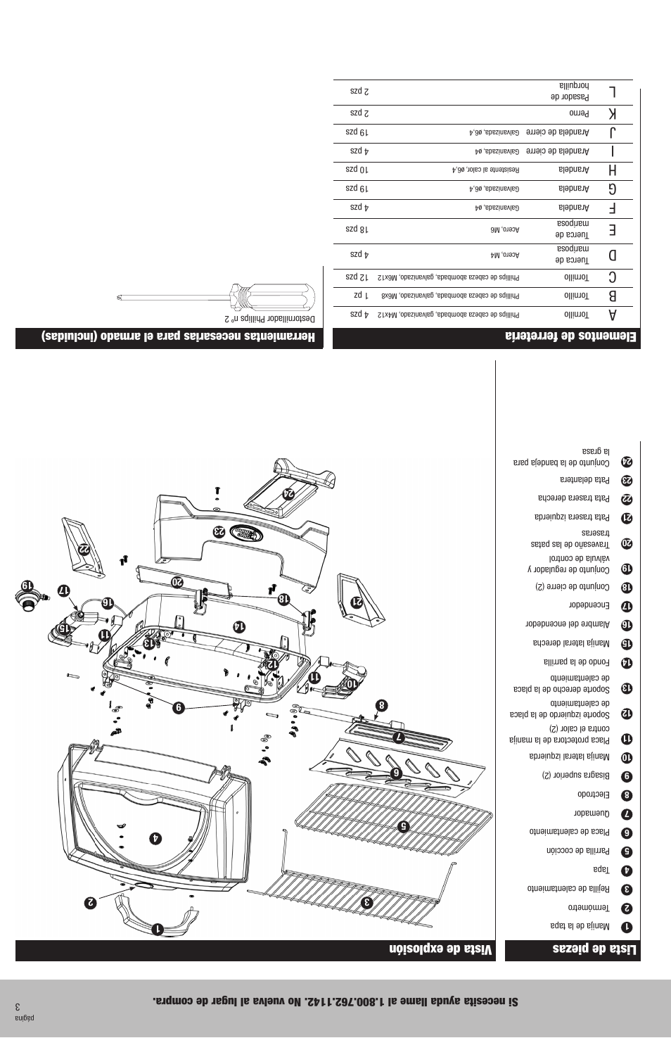 Lista de piezas, Elementos de ferretería, Vista de explosión | Herramientas necesarias para el armado (incluidas) | Blue Rhino GBT611B User Manual | Page 14 / 16