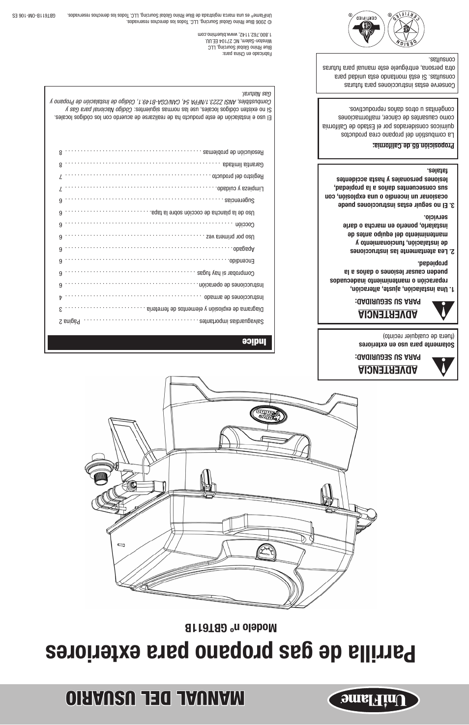 Parrilla de gas propano para e xteriores, Manual del usu ario, Modelo nº gbt611b | Advertencia, Indice | Blue Rhino GBT611B User Manual | Page 16 / 16