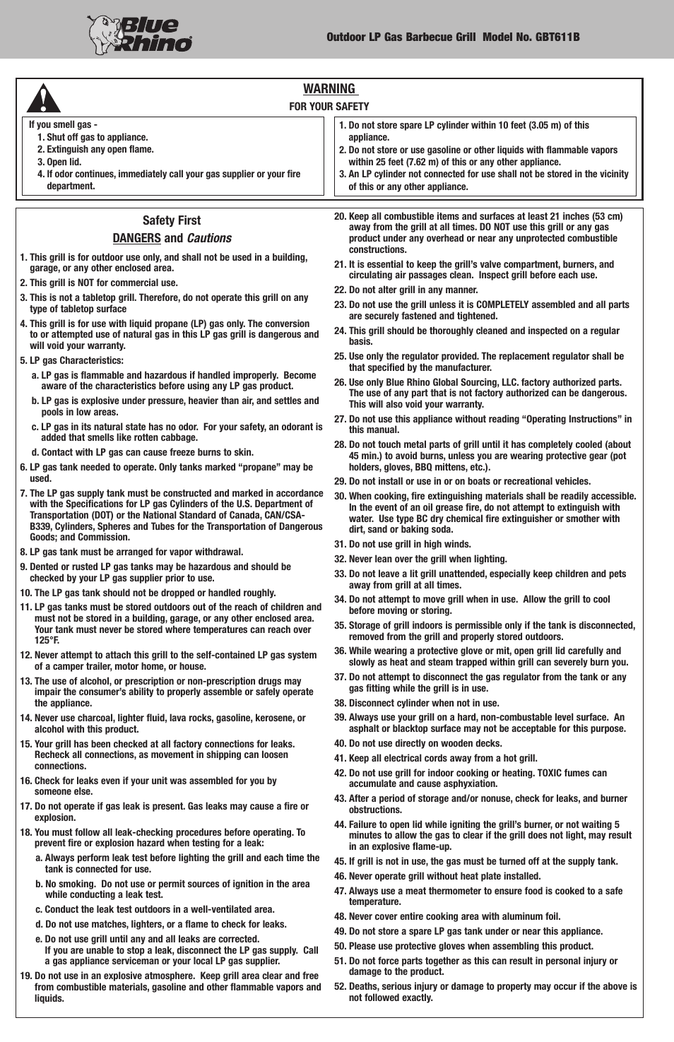 Warning, Safety first dangers and cautions | Blue Rhino GBT611B User Manual | Page 2 / 16