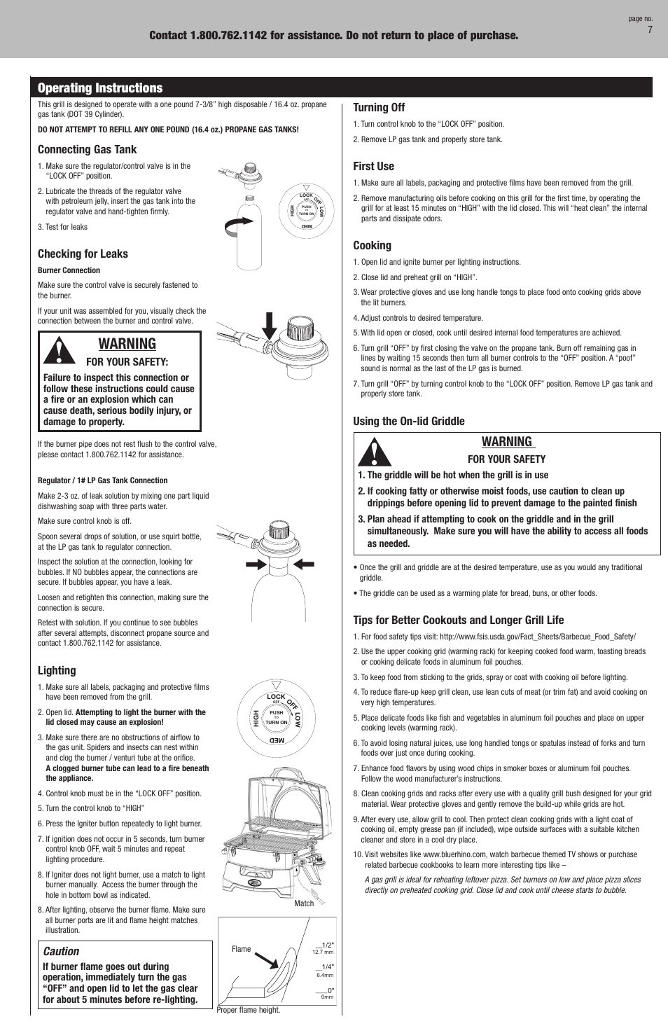 Warning, Operating instructions, Connecting gas tank | Checking for leaks, Lighting, Caution, Turning off, First use, Cooking, Using the on-lid griddle | Blue Rhino GBT611B User Manual | Page 7 / 16